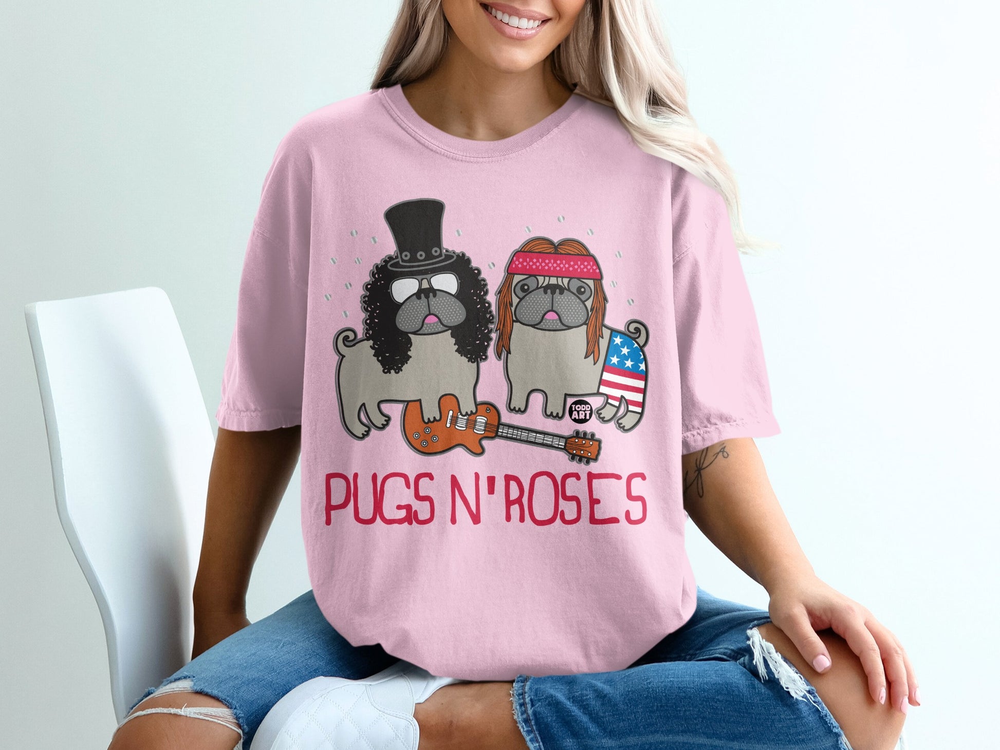 Pink Pugs N' Roses Graphic Tee Fun Dog Lovers Shirt