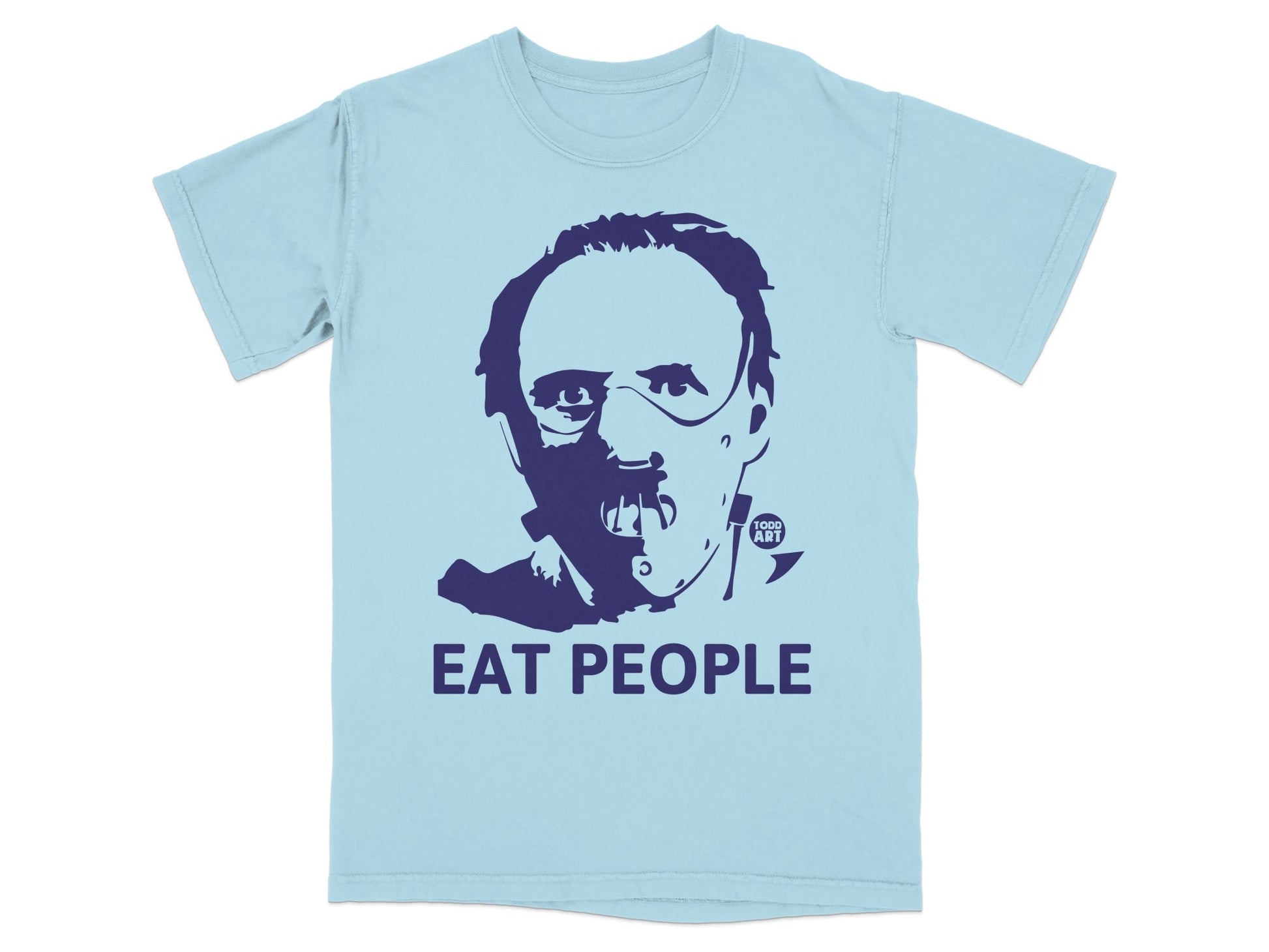 Light blue t-shirt with "Eat People" and a portrait in navy blue.