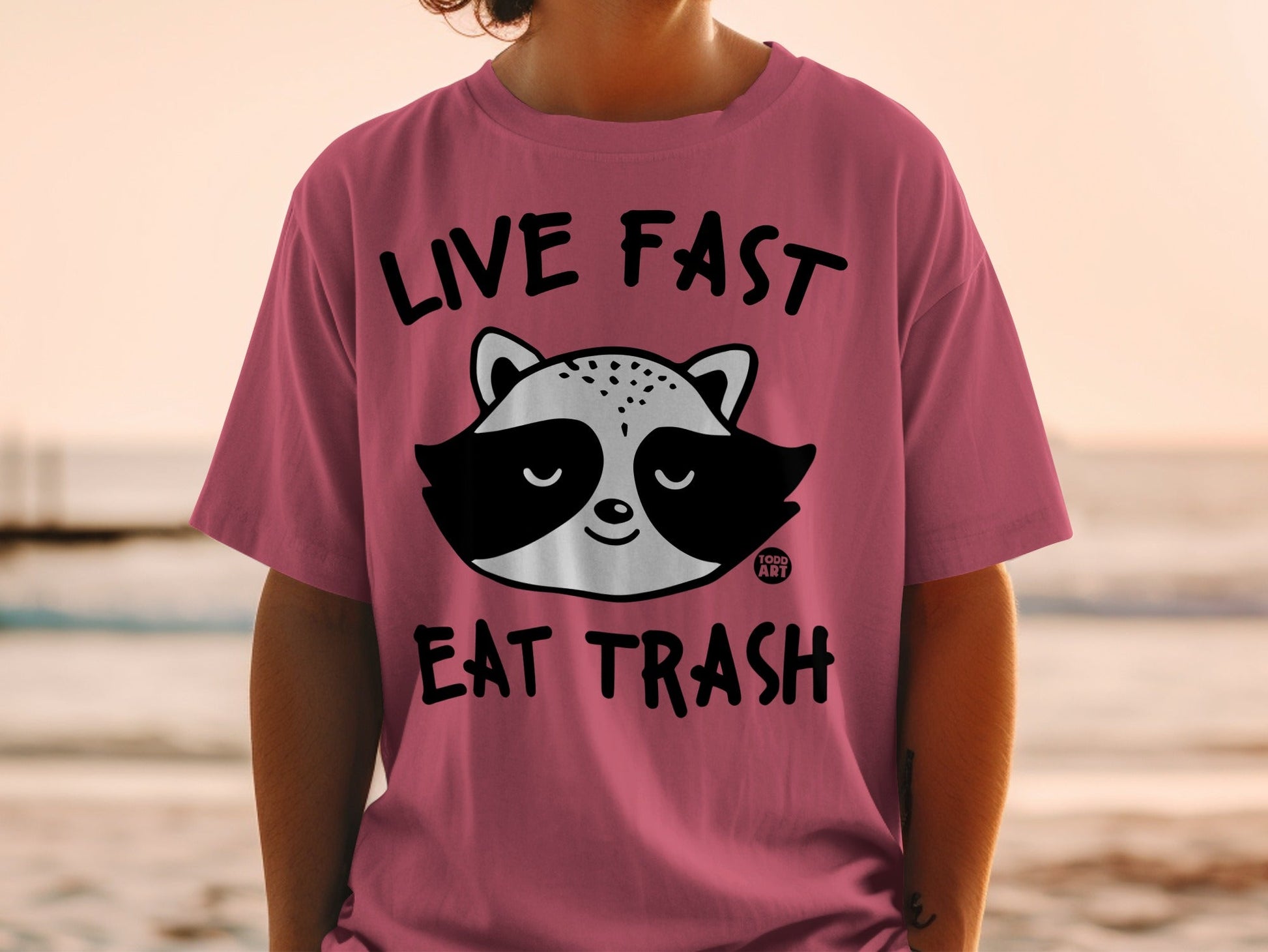 T-shirt with raccoon graphic and "LIVE FAST EAT TRASH" text.