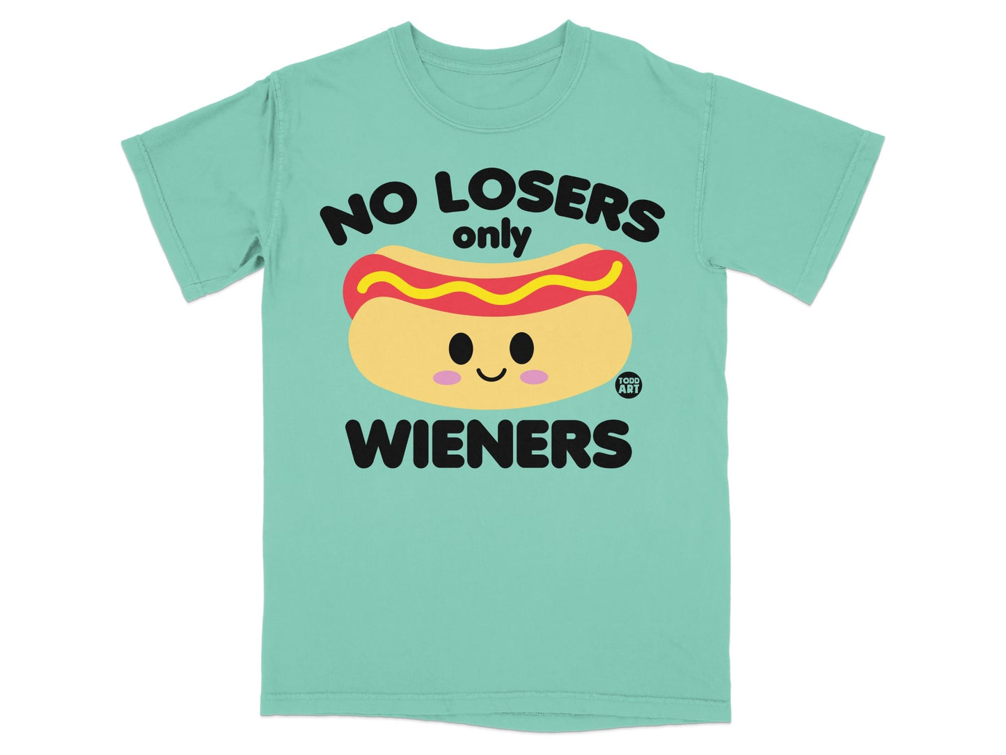 T-shirt with hot dog graphic and text "NO LOSERS only WIENERS".