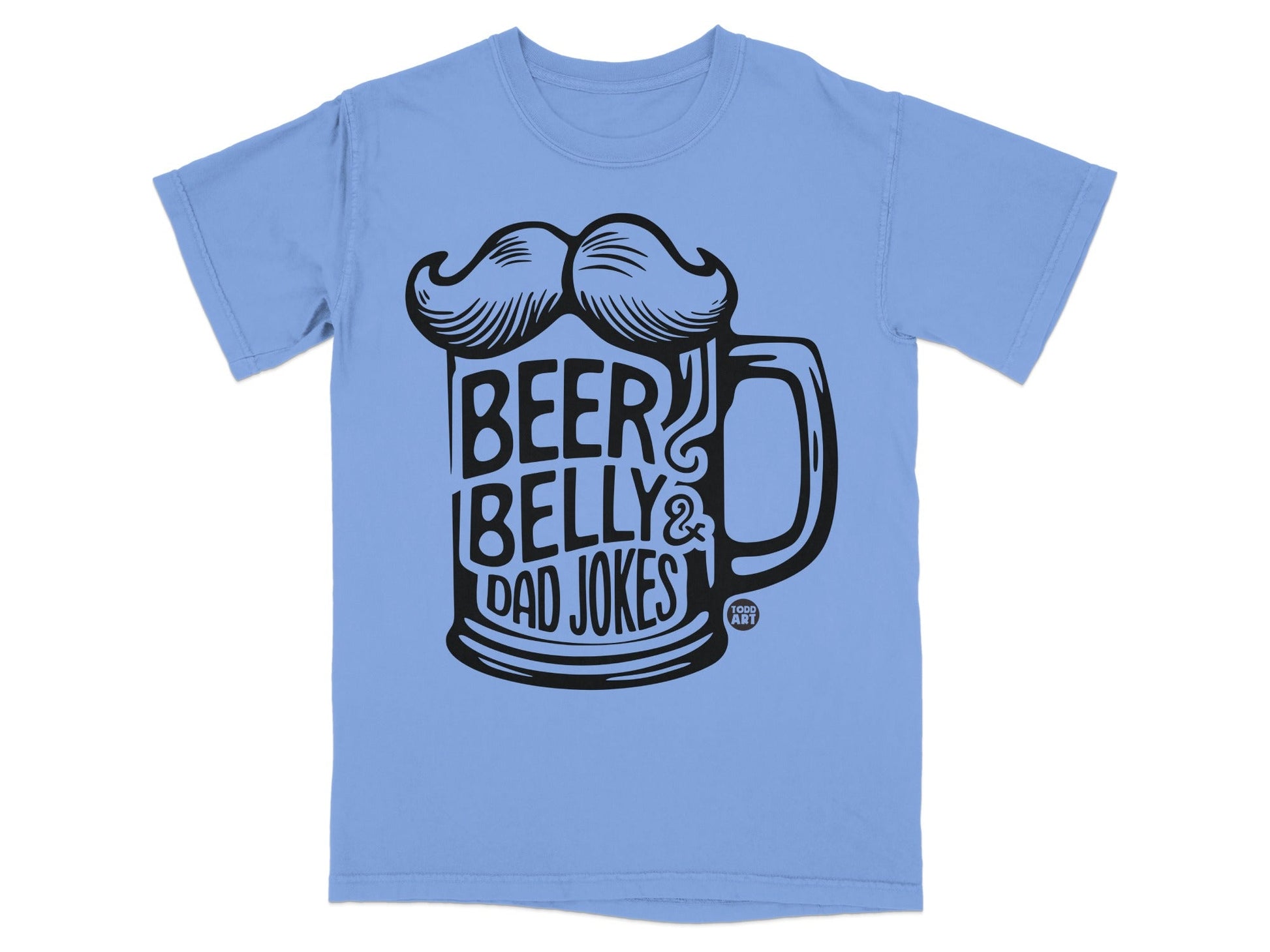 Light blue t-shirt with black graphic of a beer mug, mustache, and text.