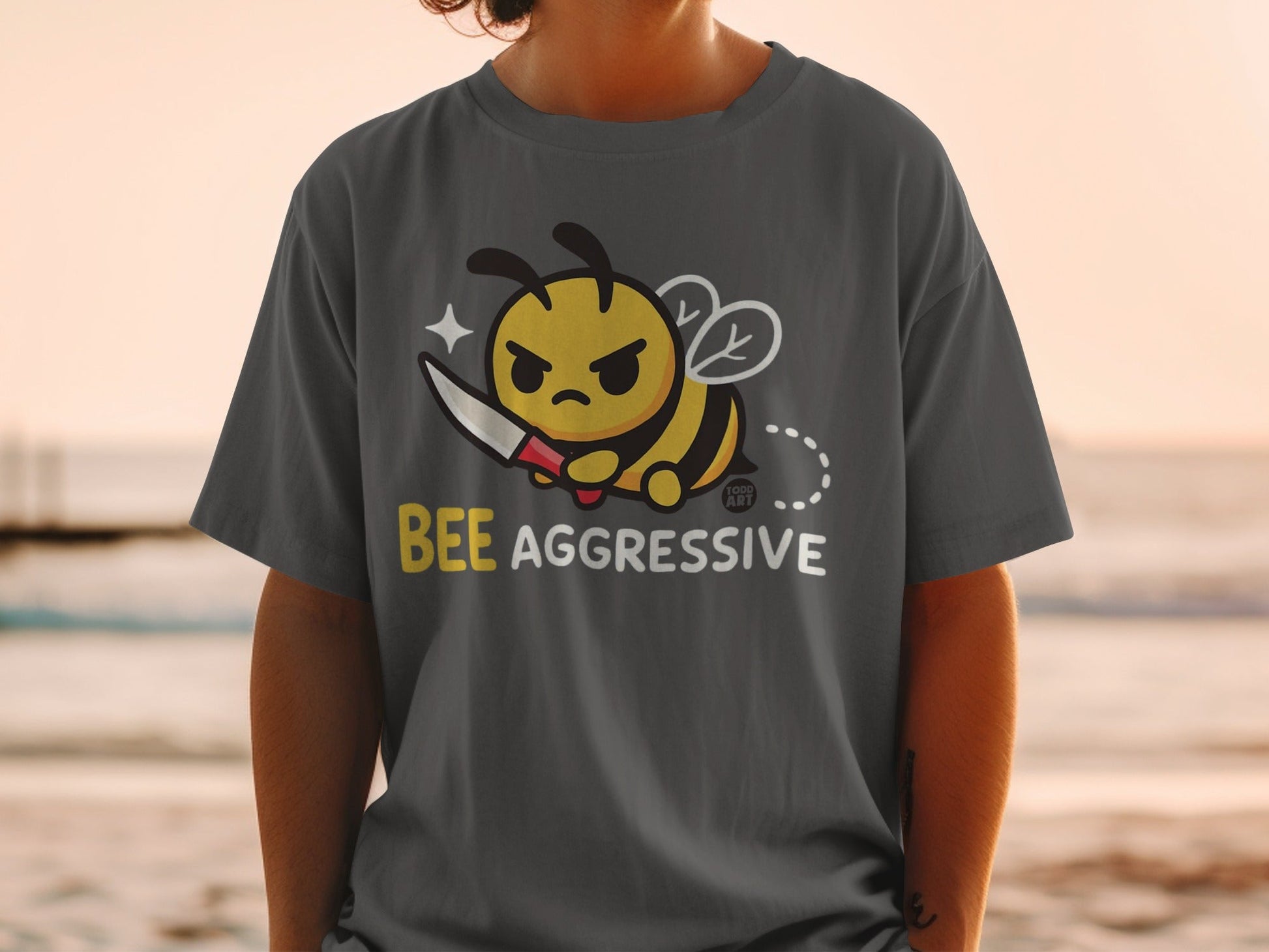 Bee Aggressive Knife Wielding Cartoon Graphic T-shirt