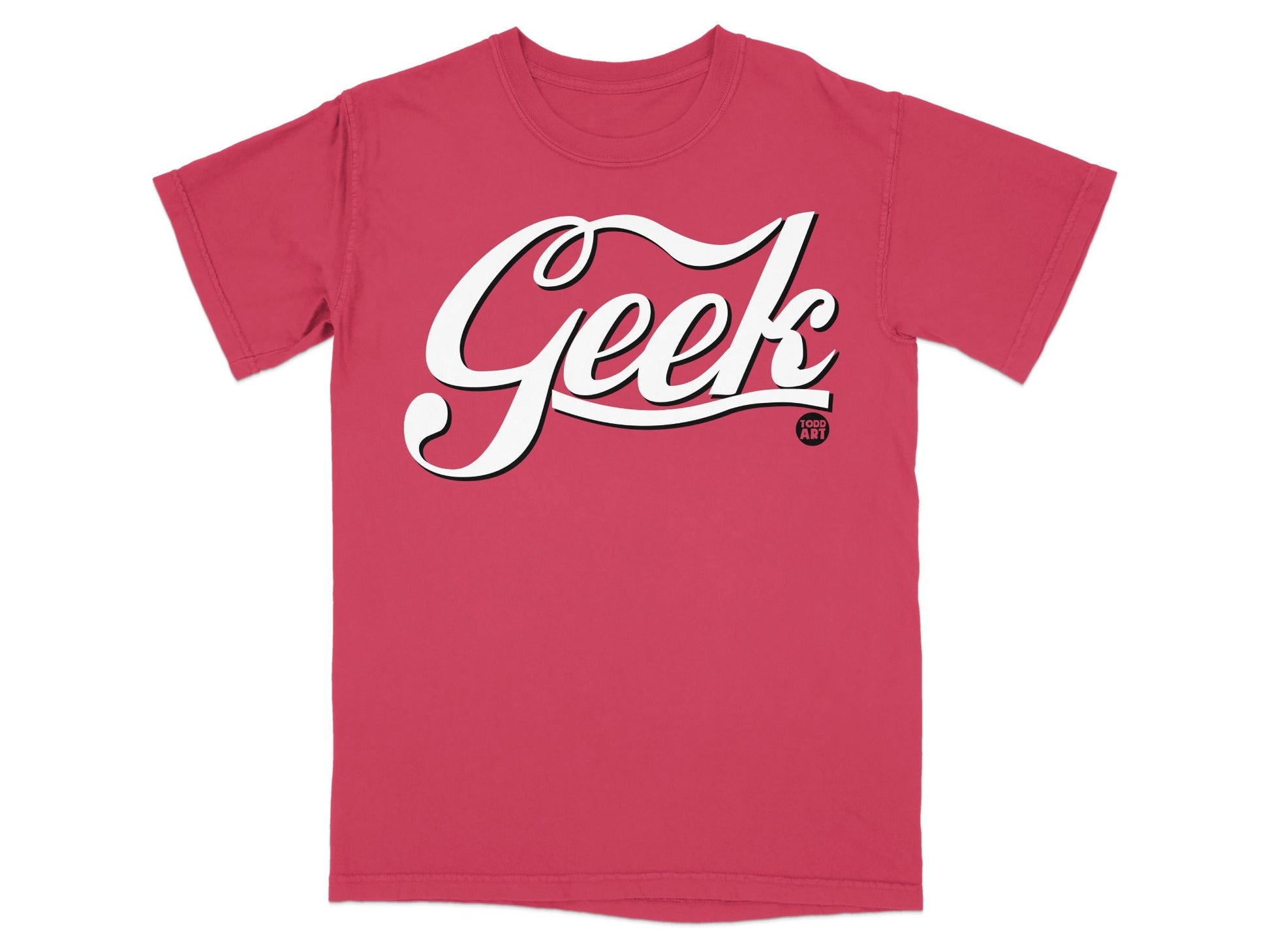 Red t-shirt with "Geek" logo and "1000% AMY" text.