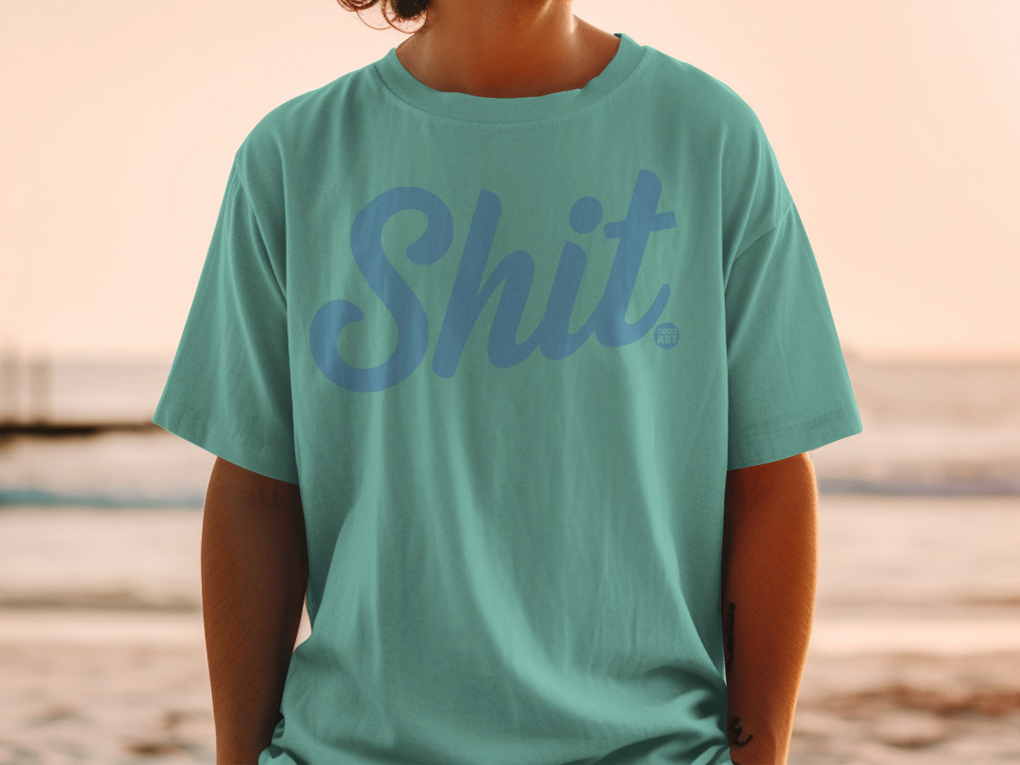 Teal t-shirt with "Shit" in large blue script text.