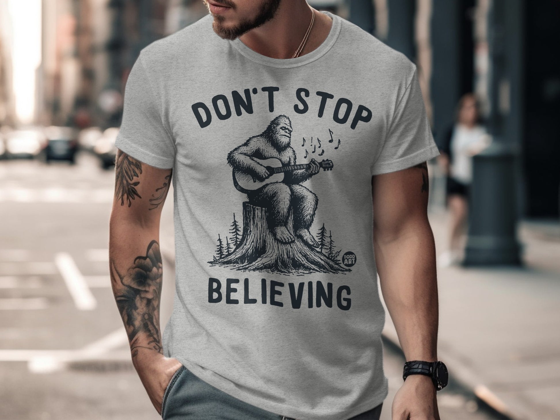 Don't Stop Believing Bigfoot with Guitar T-shirt