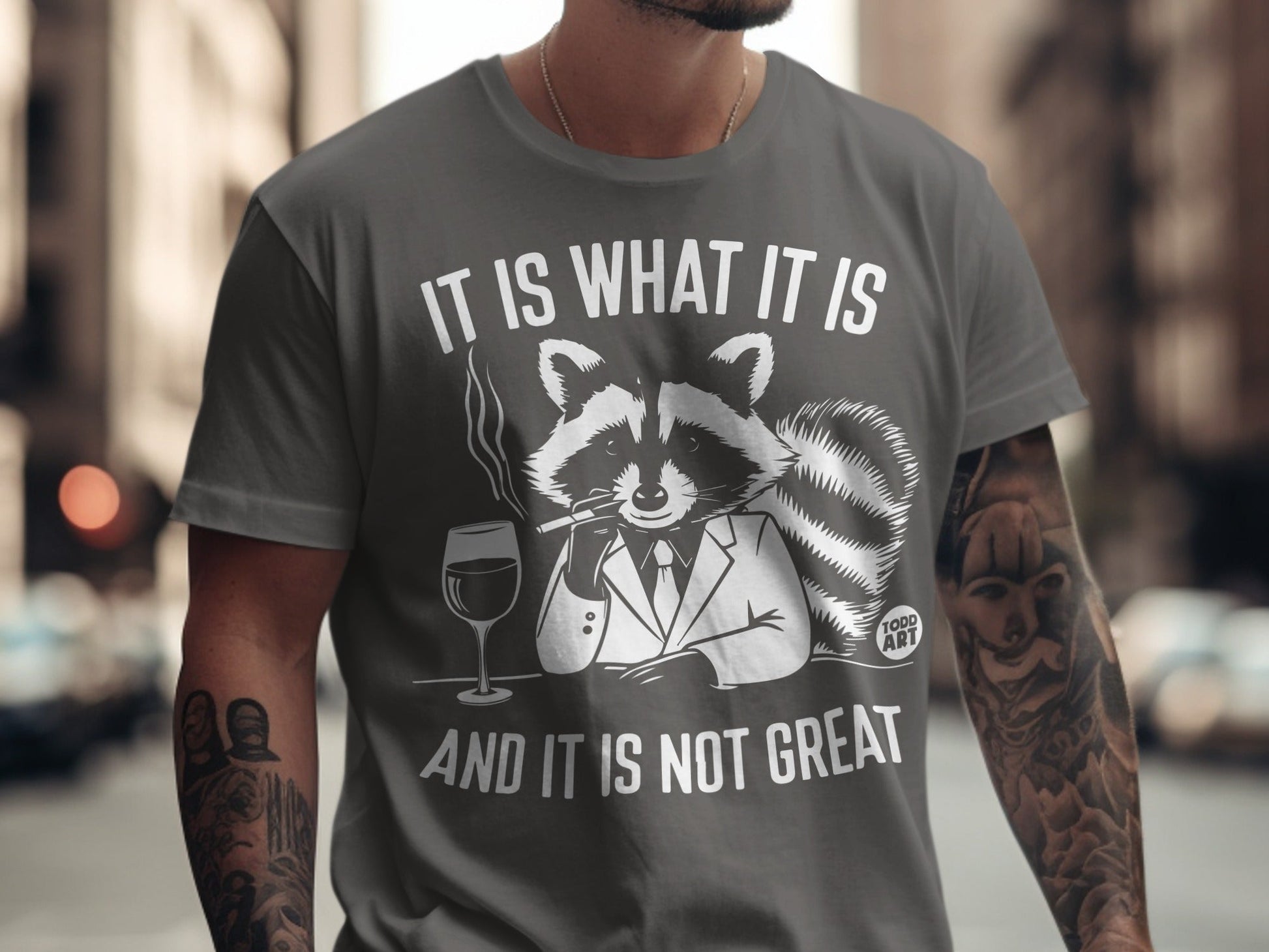 Gray t-shirt with raccoon in suit smoking and "IT IS WHAT IT IS AND IT IS NOT GREAT" text.
