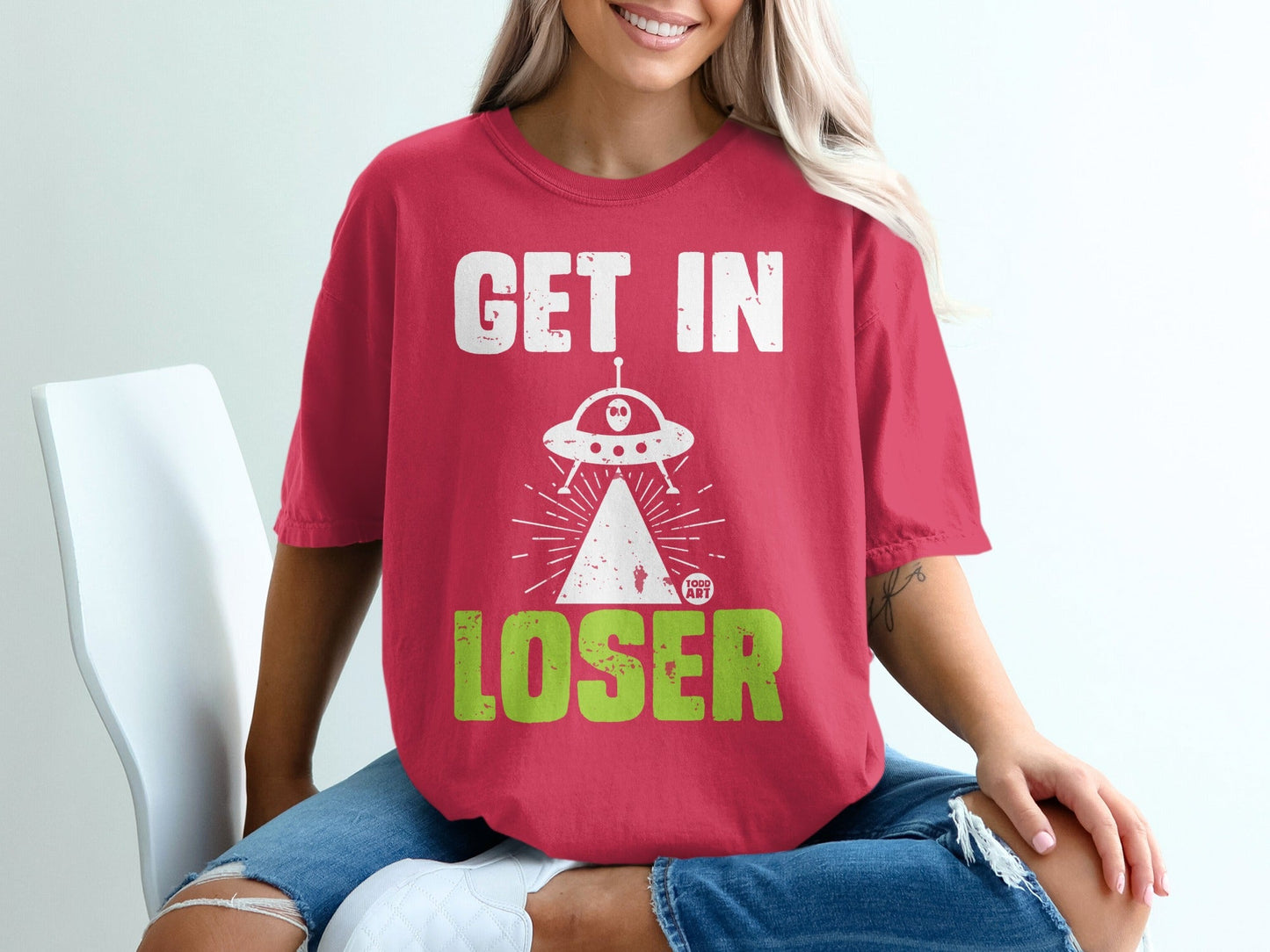 Get In Loser UFO Graphic Casual Pink T-shirt