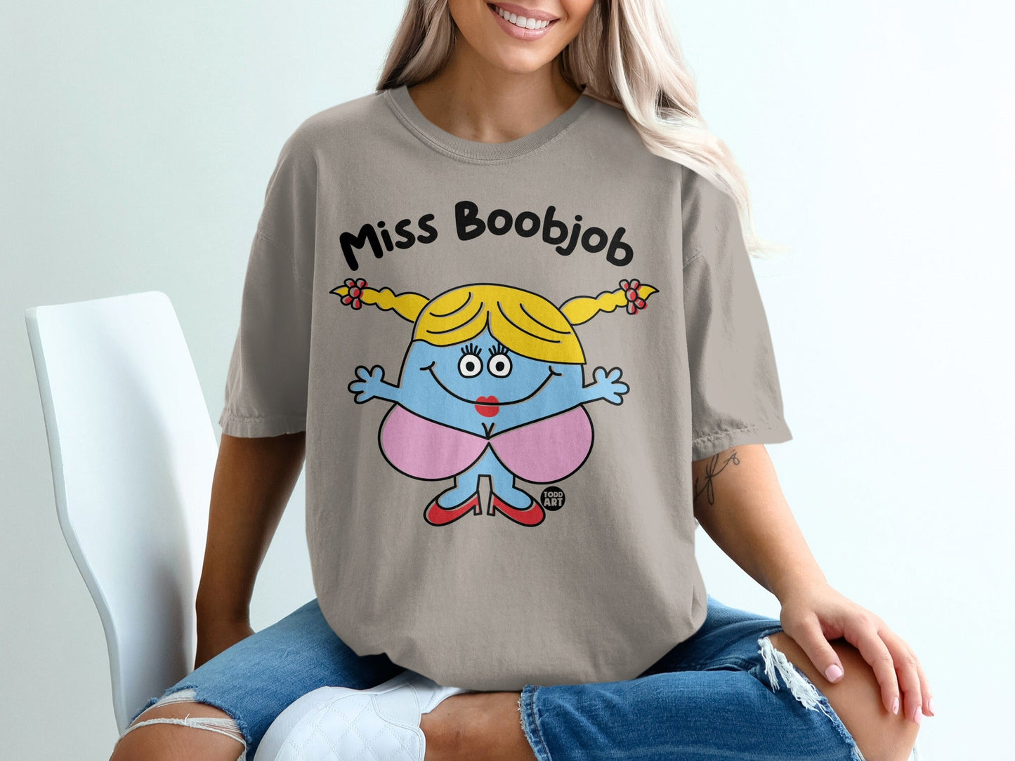 Miss Boobjob Graphic T-Shirt with Quirky Cartoon Design