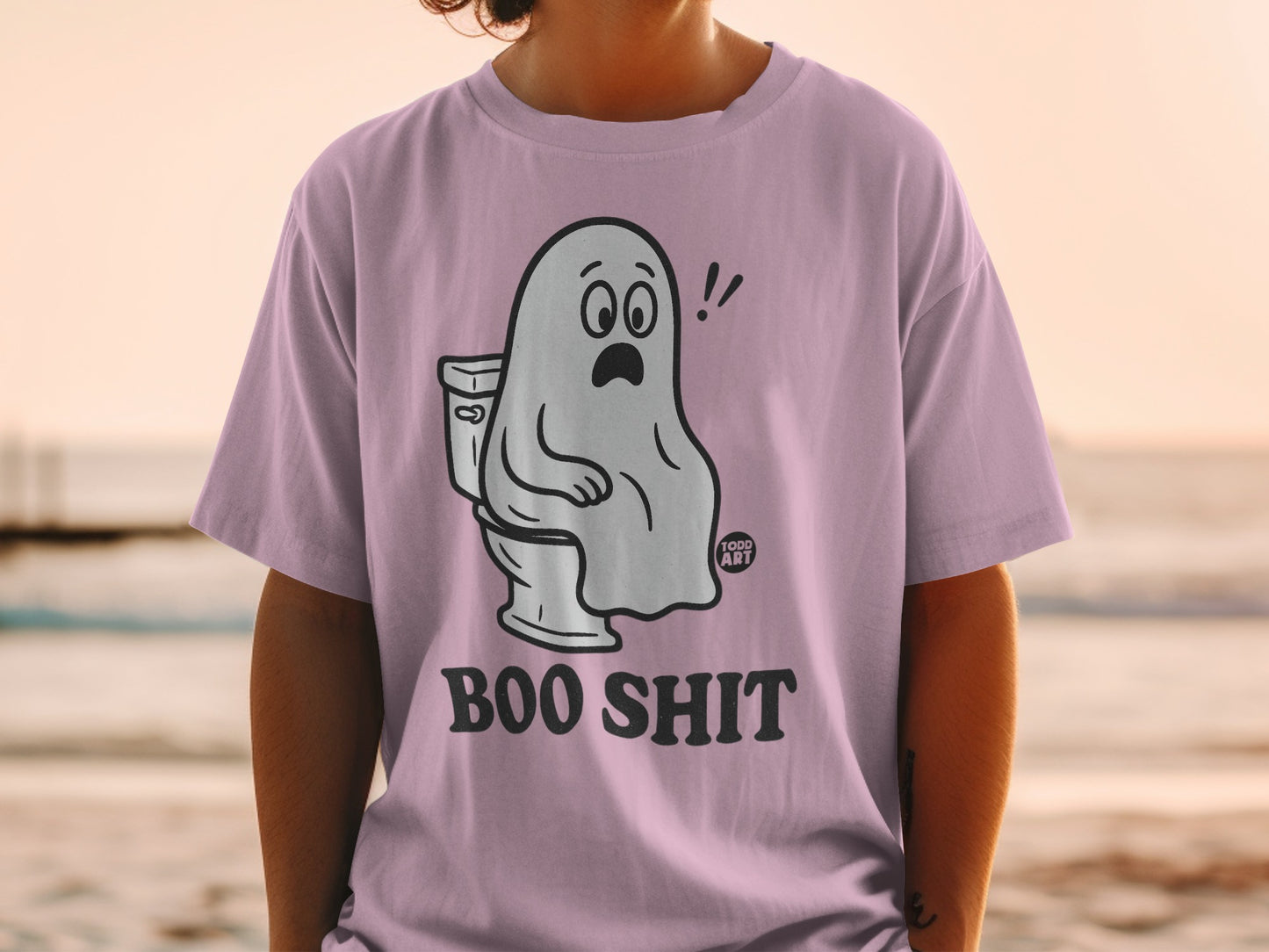 Ghost sitting on a toilet, "Boo Shit" text.