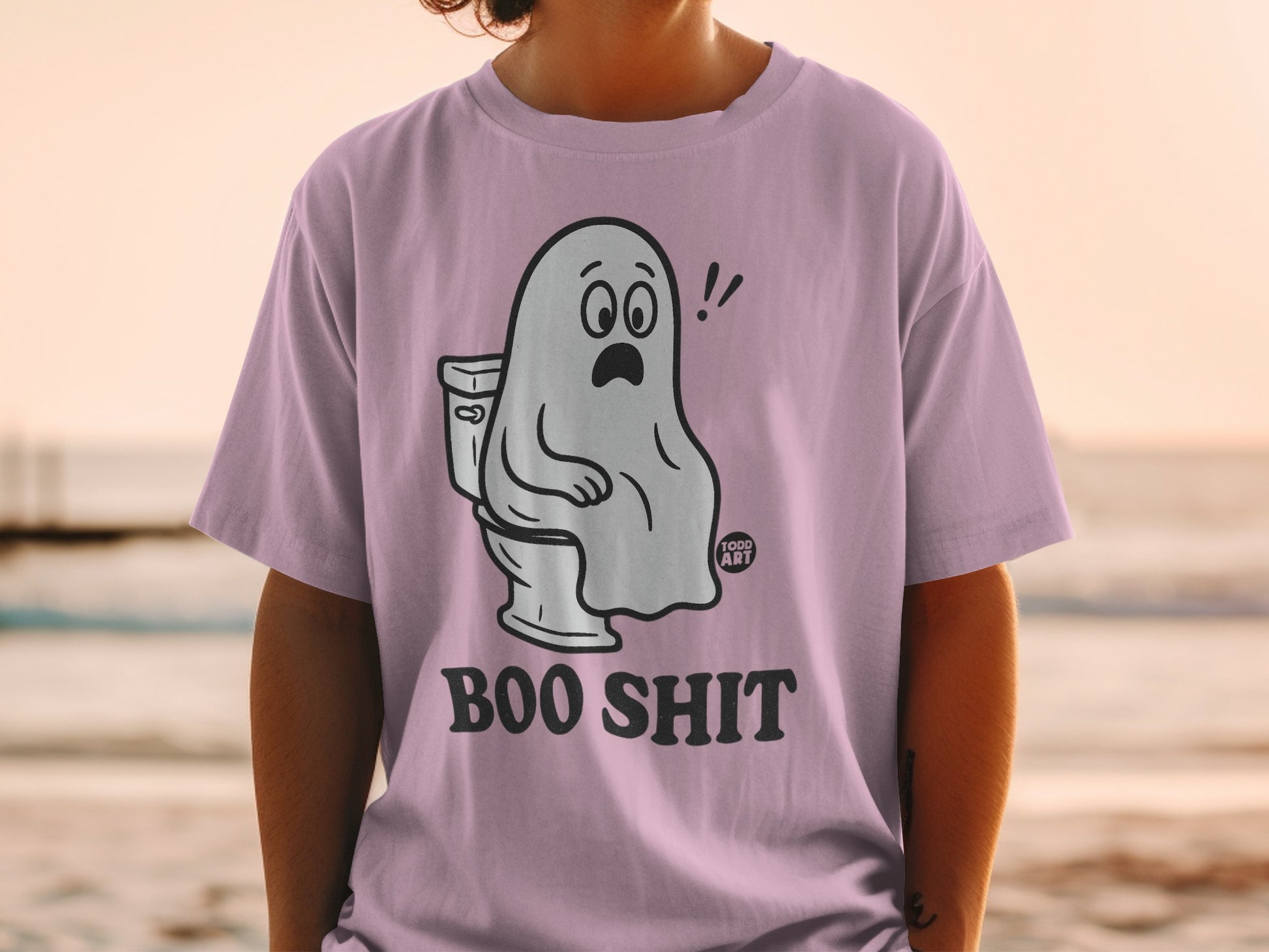 Ghost sitting on a toilet, "Boo Shit" text.