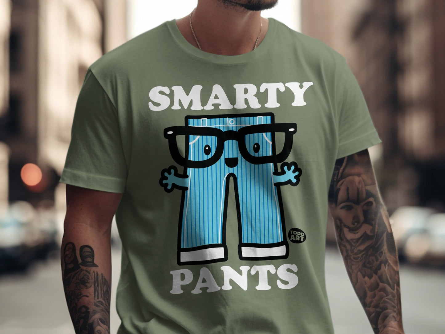 Green t-shirt with "SMARTY PANTS" text and cartoon pants character.