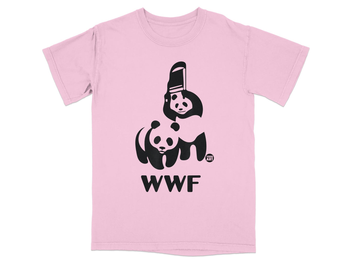 Pink t-shirt with black WWF panda logo and "GOOD ART" text.