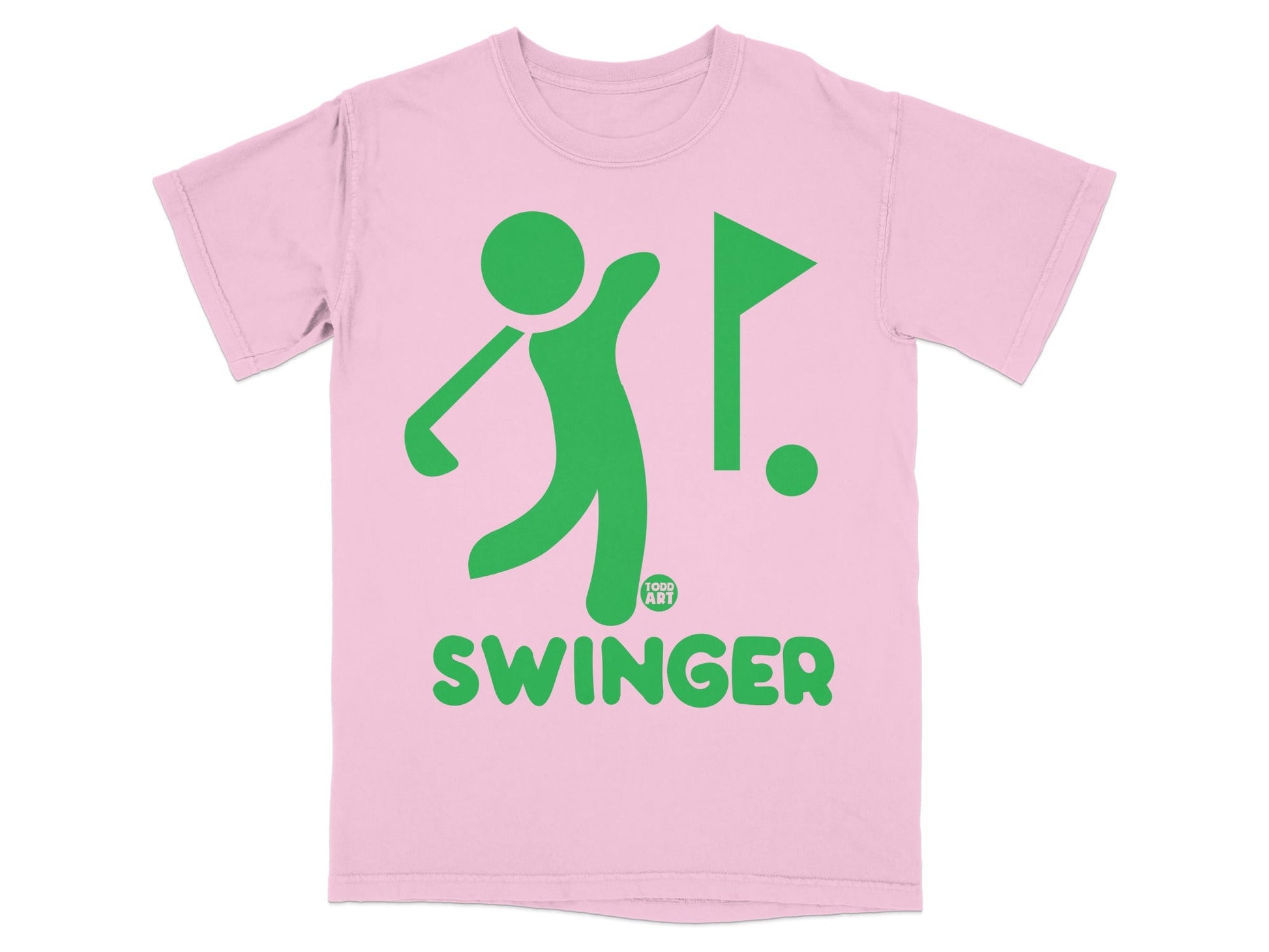 Pink t-shirt with a green golf graphic and "SWINGER" text.