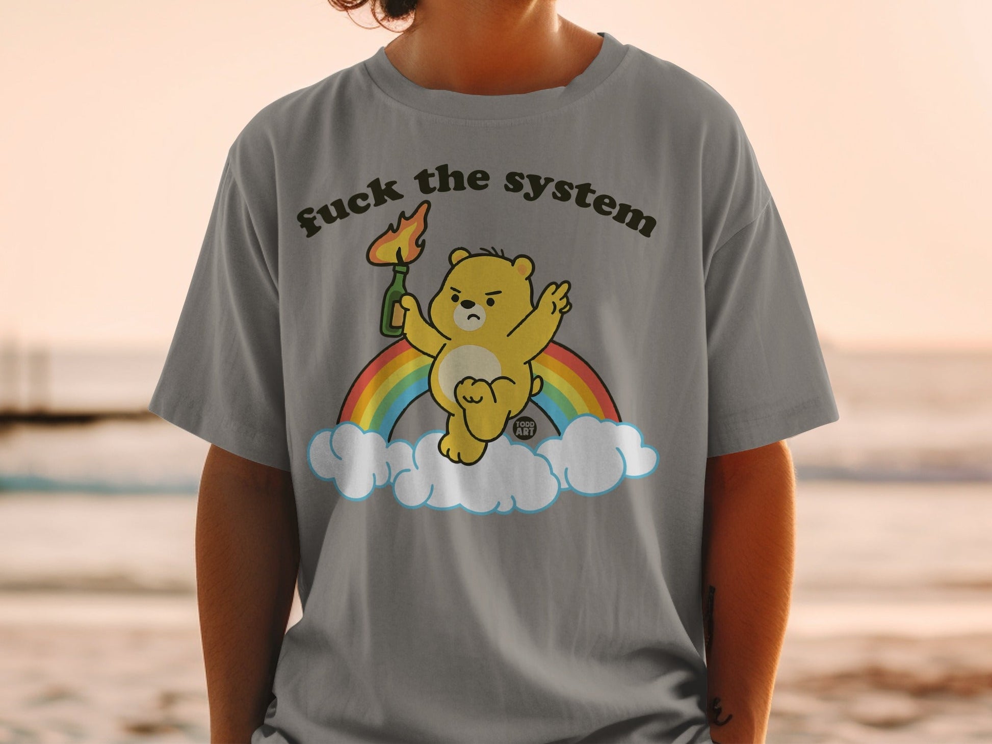 Protest Bear with Rainbow on Grey Shirt