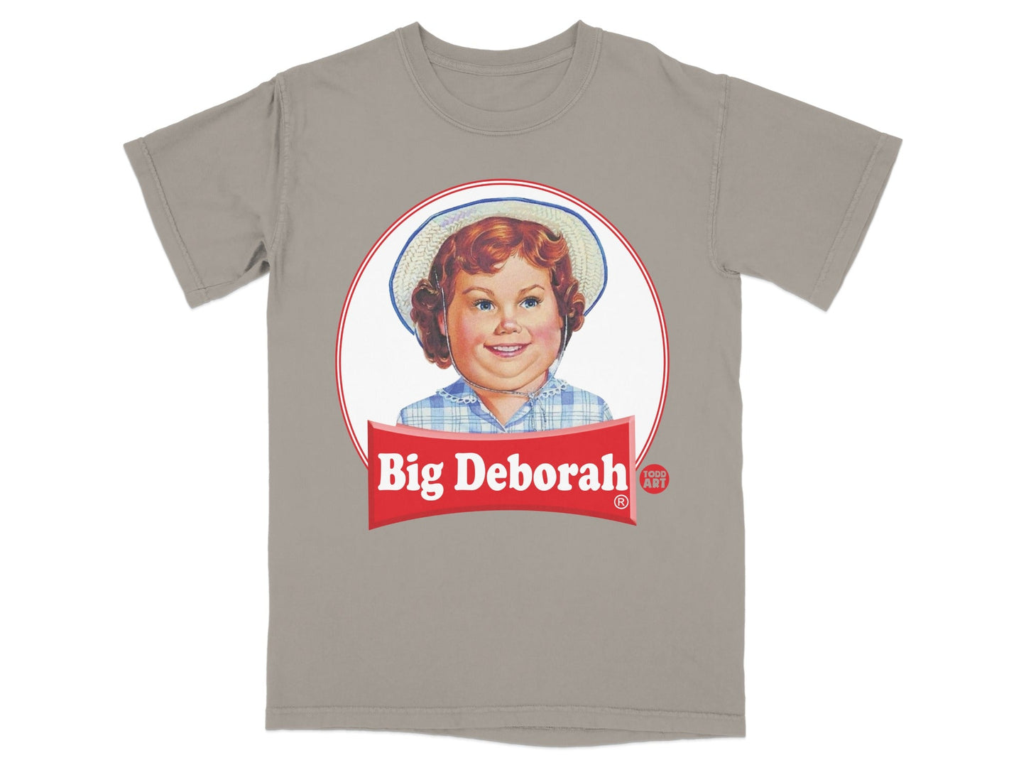 Grey t-shirt featuring a retro logo with a young girl and "Big Deborah" text.