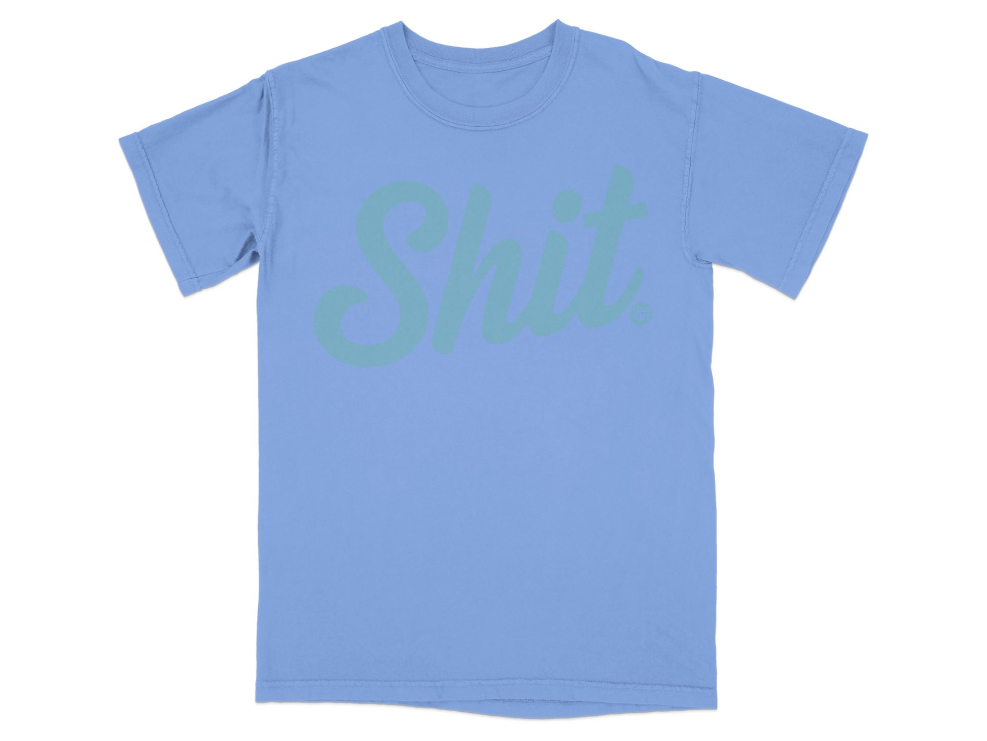 Light blue t-shirt with "Shit" printed in a lighter blue font.