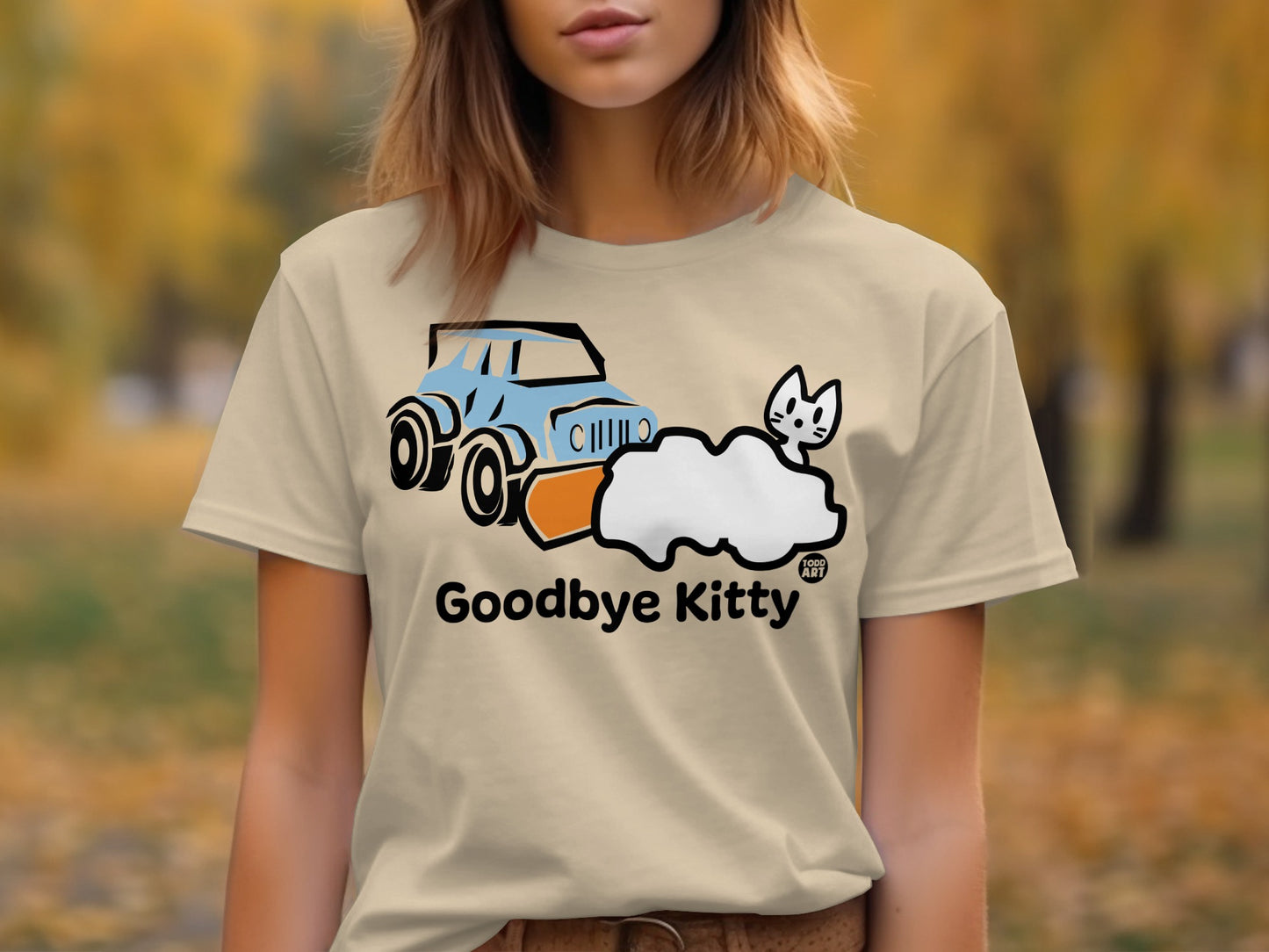 Goodbye Kitty Graphic Tee with Car and Cloud Design