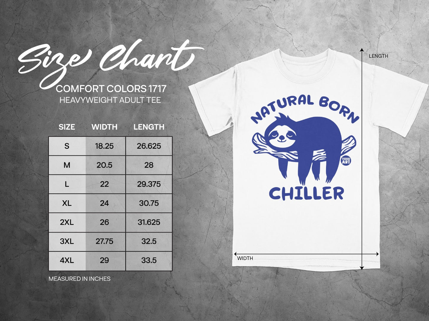 Size chart for a Comfort Colors 1717 heavy weight adult tee with width and length measurements.