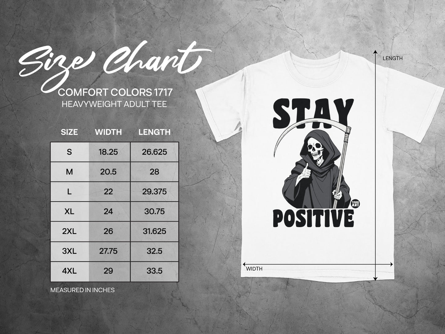 Size chart for Comfort Colors 1717 heavyweight adult tee with width and length measurements.