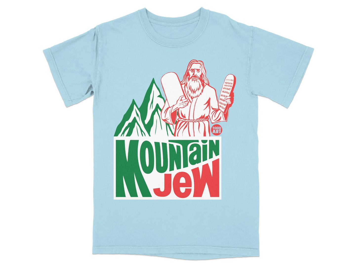 Light blue t-shirt with "Mountain Jew" logo featuring Moses holding tablets.