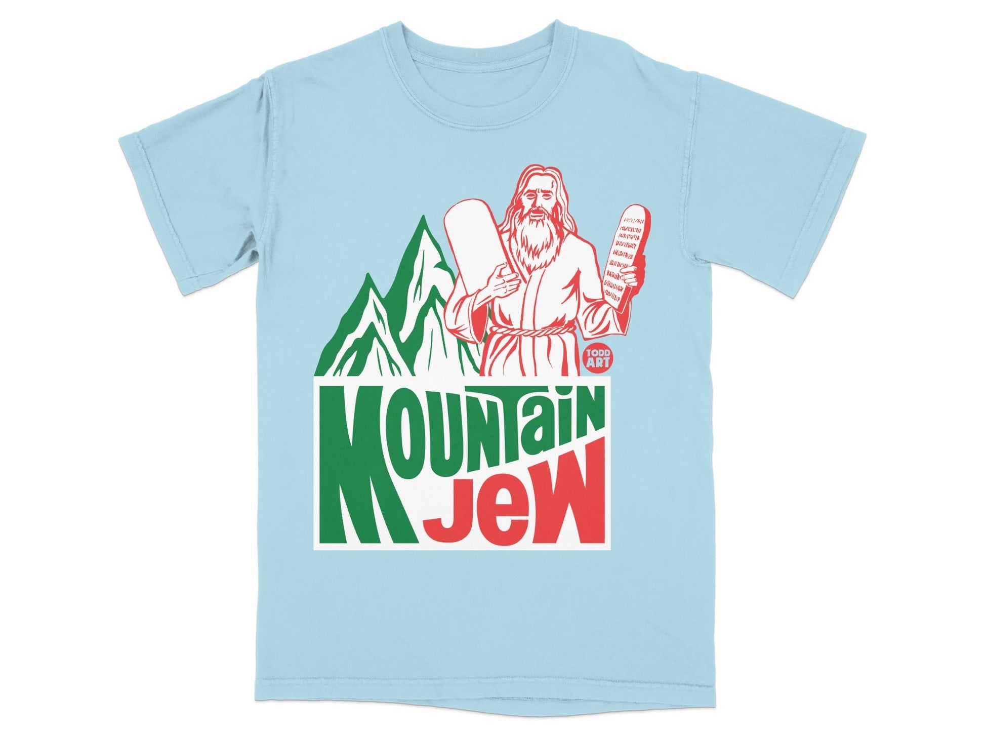 Light blue t-shirt with "Mountain Jew" logo featuring Moses holding tablets.
