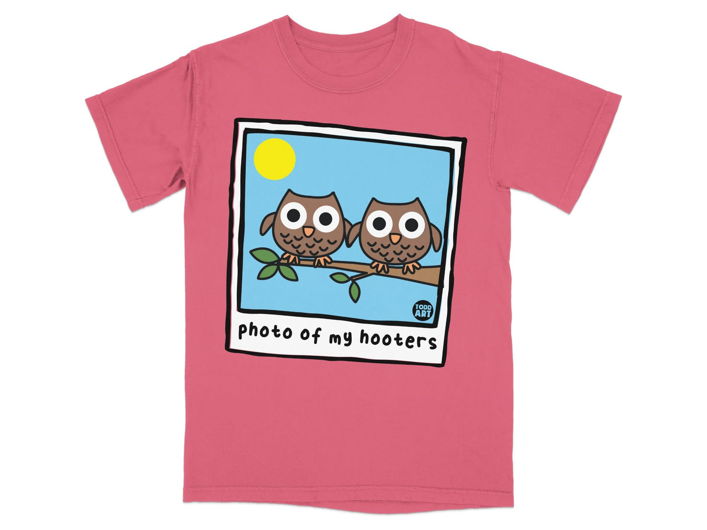 Two cartoon owls on a branch, text "photo of my hooters".