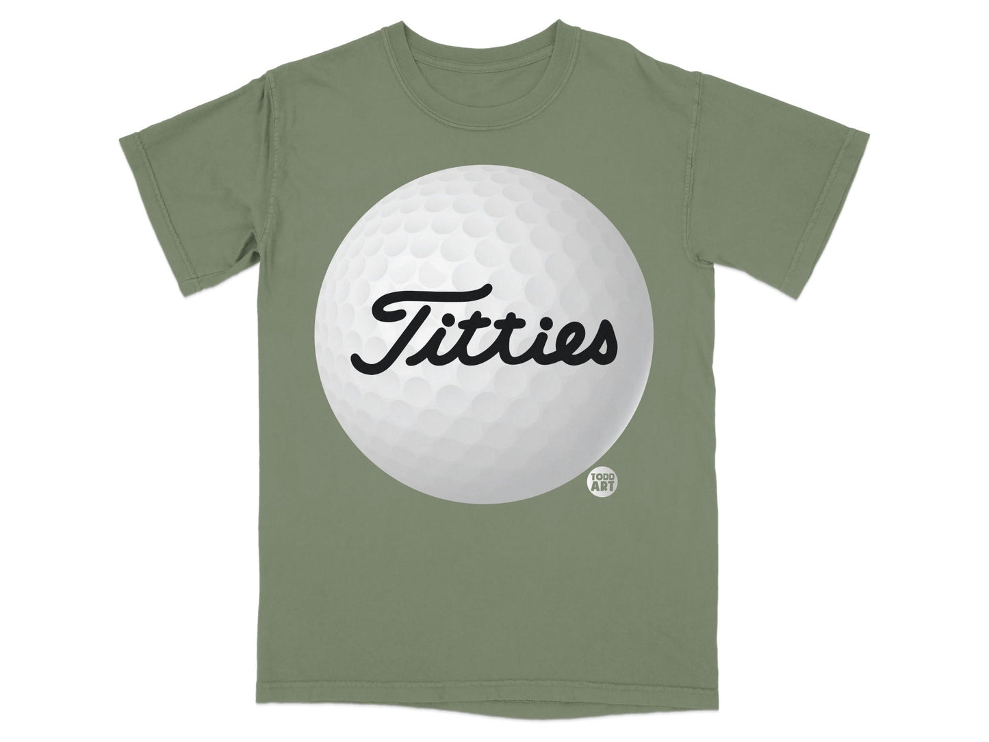 T-shirt with a large golf ball graphic and "Titties" text.