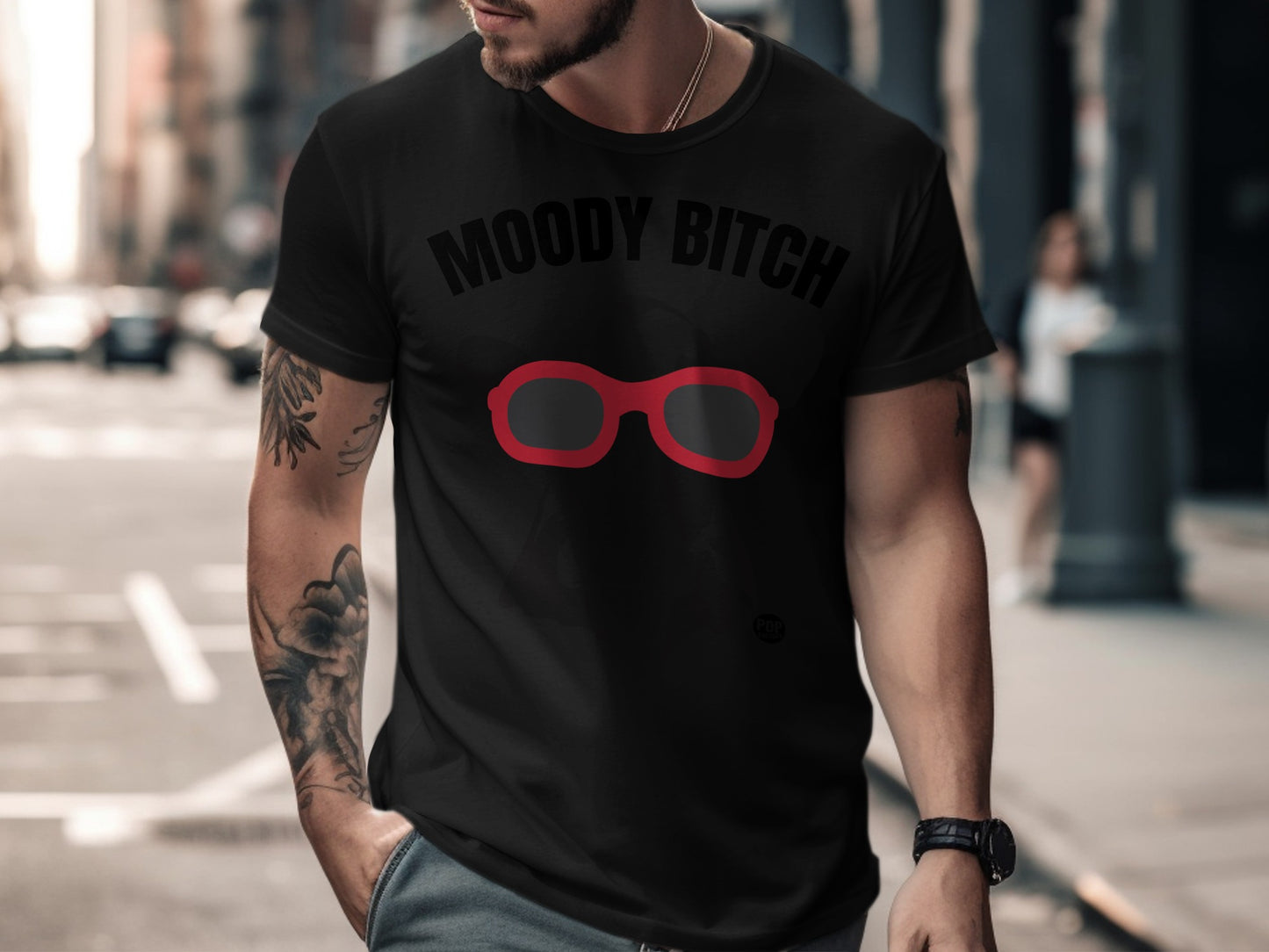 Moody Bitch T-Shirt with Bold Red Sunglasses Print