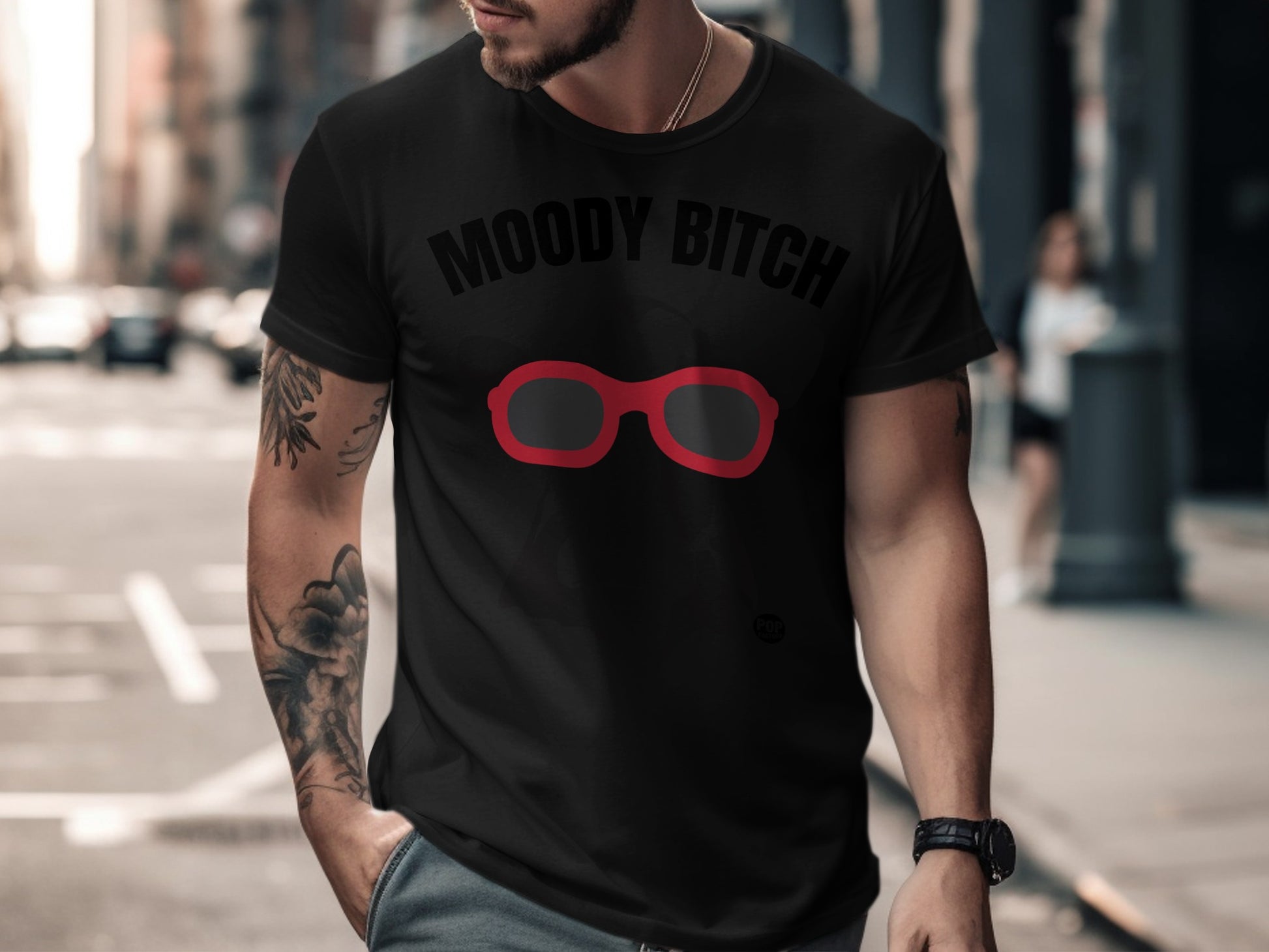 Moody Bitch T-Shirt with Bold Red Sunglasses Print