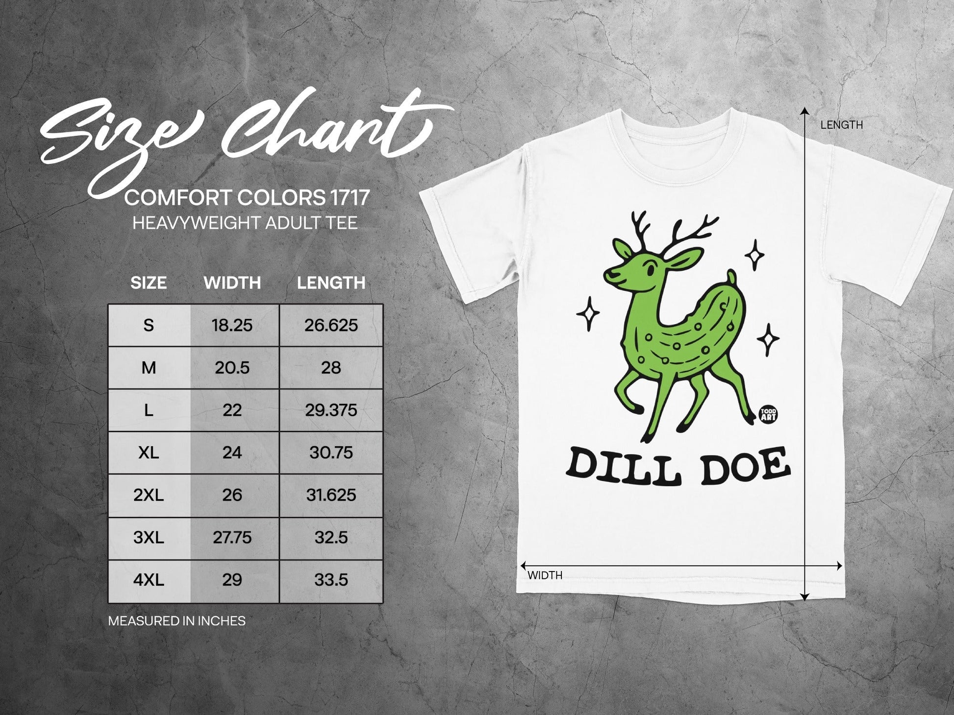 Comfort Colors 1717 size chart with dill doe graphic.