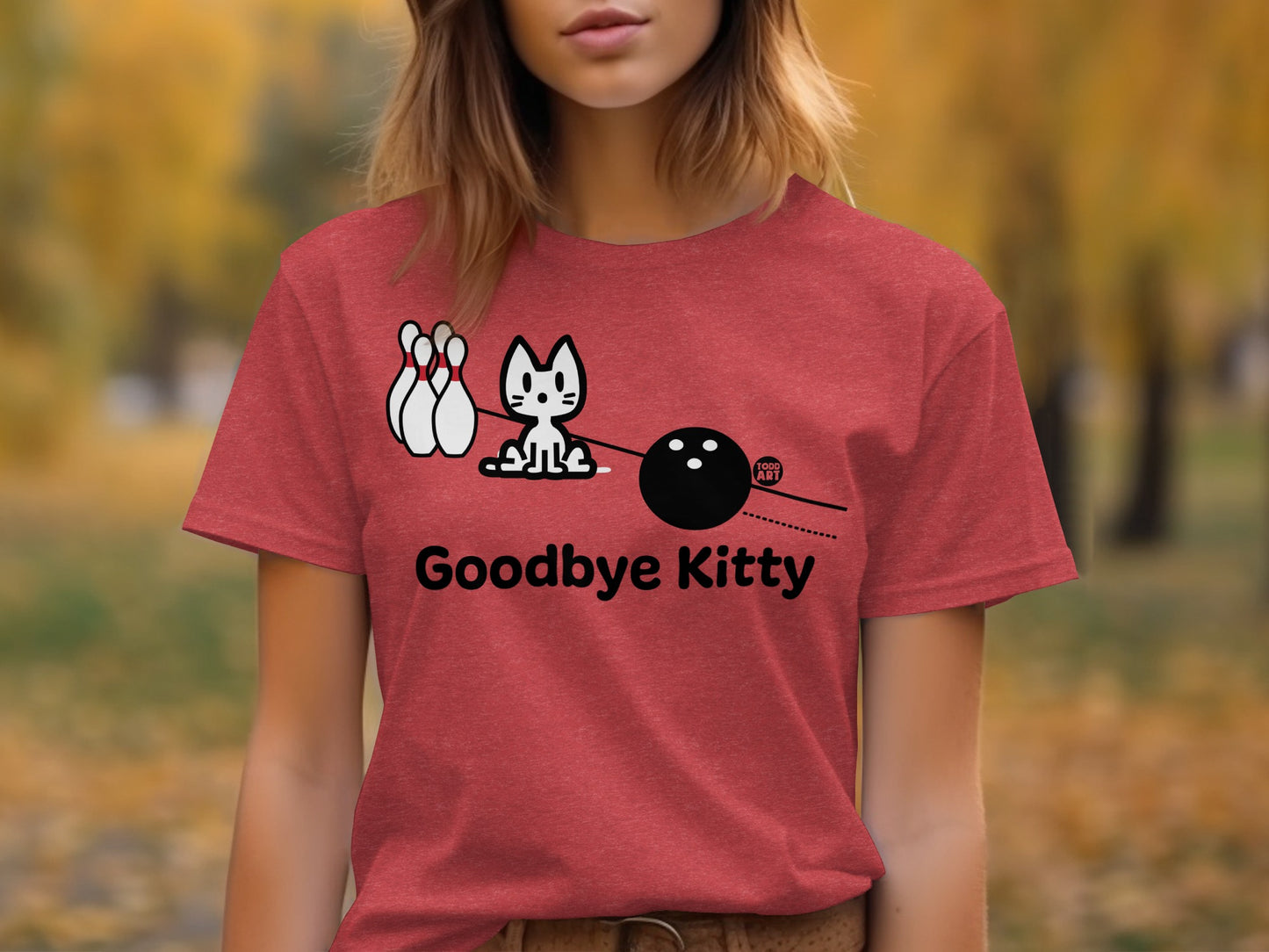 Bowling Cat Goodbye Kitty Red Graphic T-Shirt
