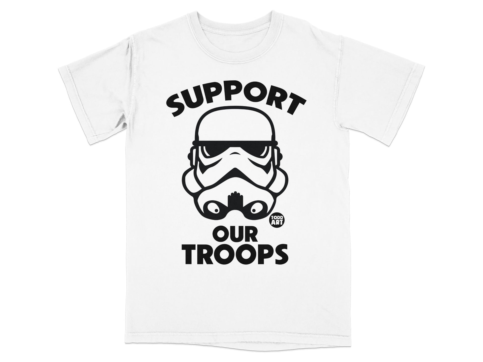 White t-shirt with Stormtrooper helmet and "Support Our Troops" text.