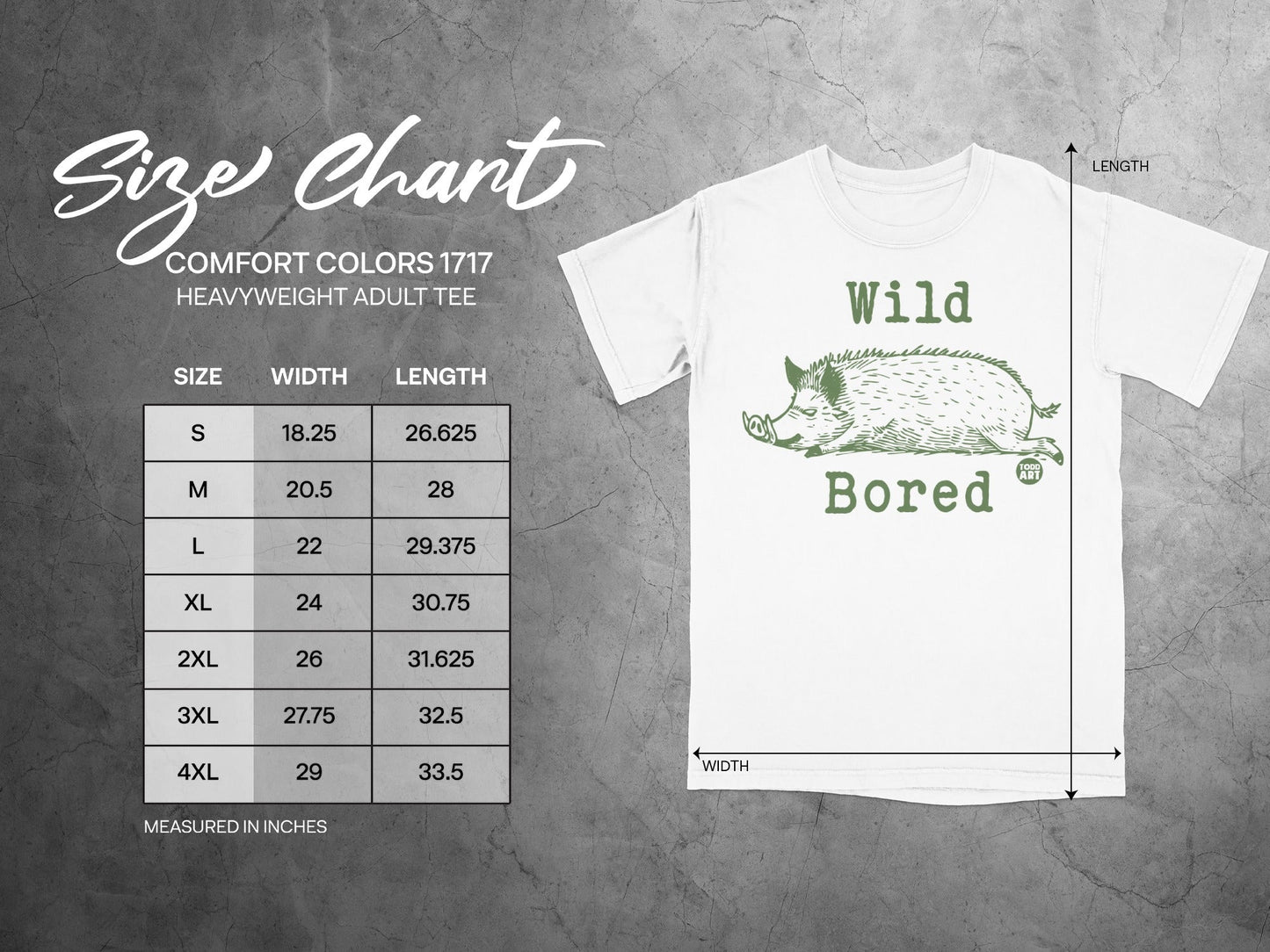 Size chart for a heavyweight adult tee with Wild Bored graphic.