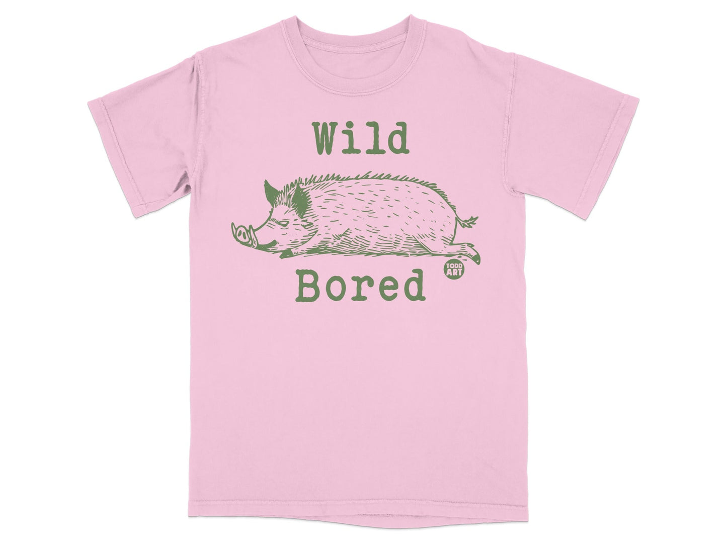 Pink t-shirt with a green illustration of a wild boar and "Wild Bored" text.