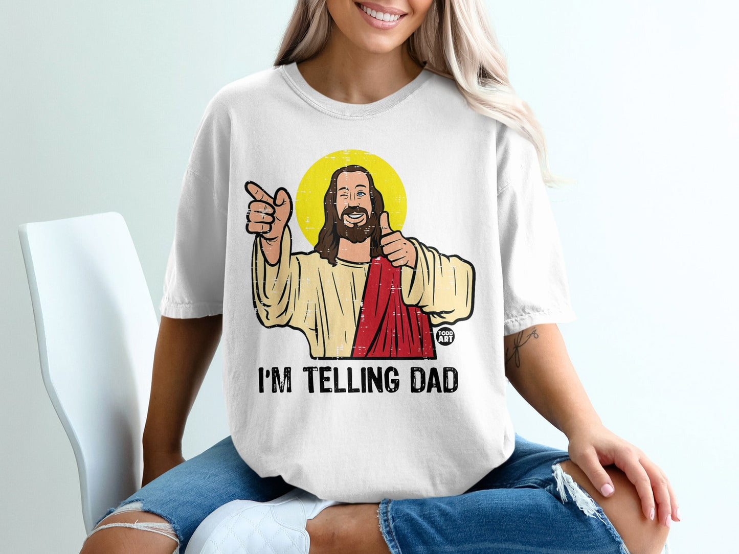 Jesus giving a thumbs up and pointing with "I'M TELLING DAD" text.