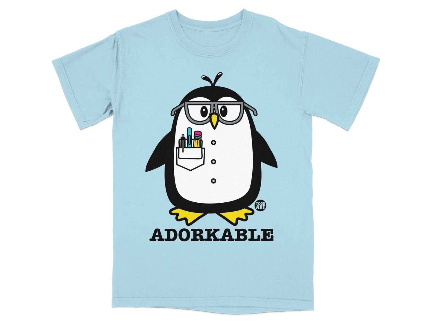 Light blue t-shirt with cartoon penguin wearing glasses and holding pens.