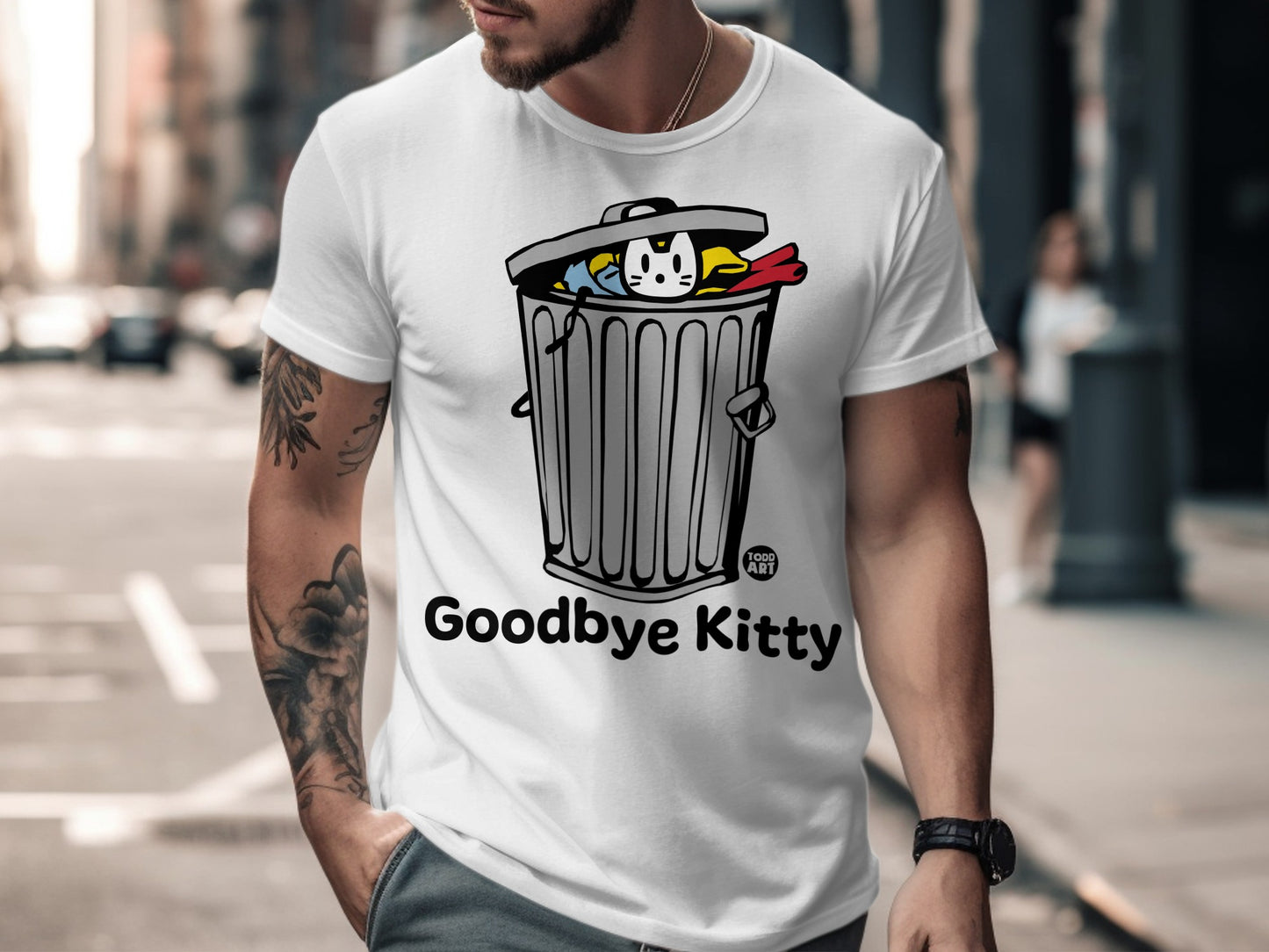 Funny Goodbye Kitty Trash Can Illustration Shirt