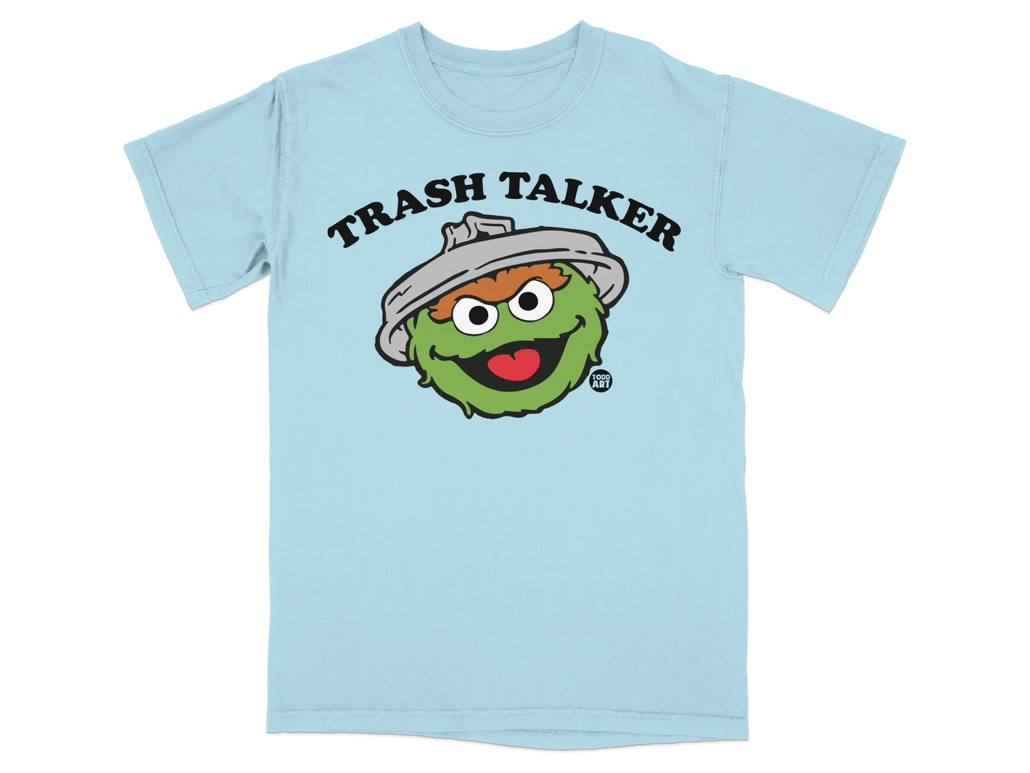 Light blue t-shirt with Oscar the Grouch saying "Trash Talker".