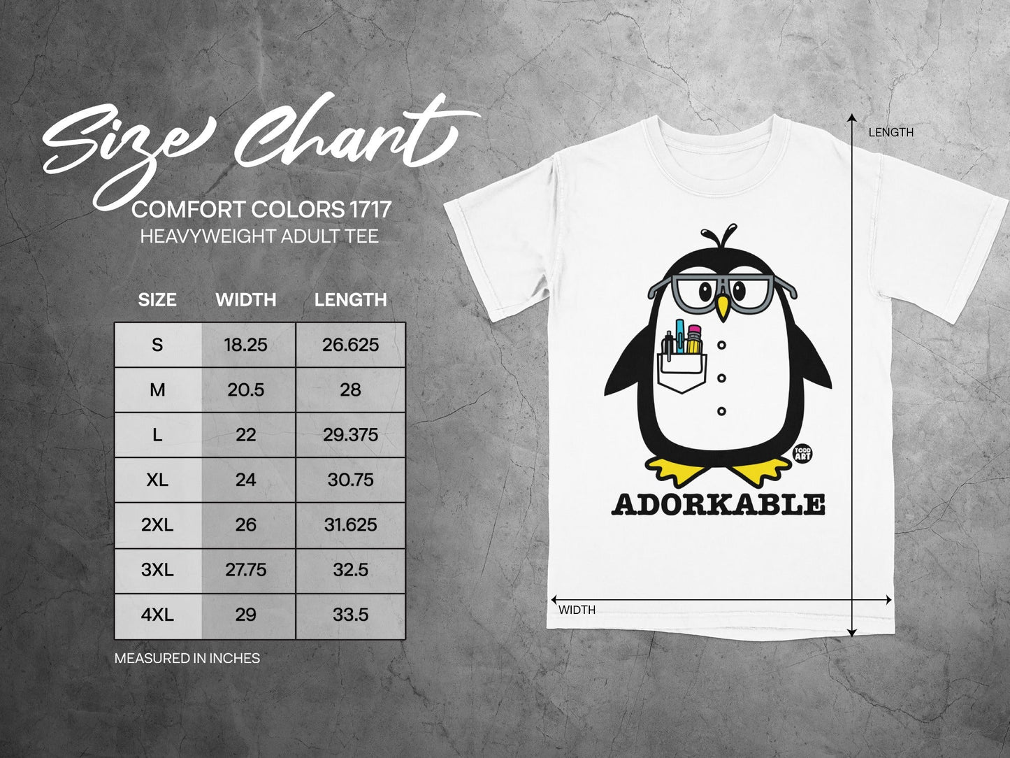 Size chart for Comfort Colors 1717 heavyweight adult tee with penguin graphic.
