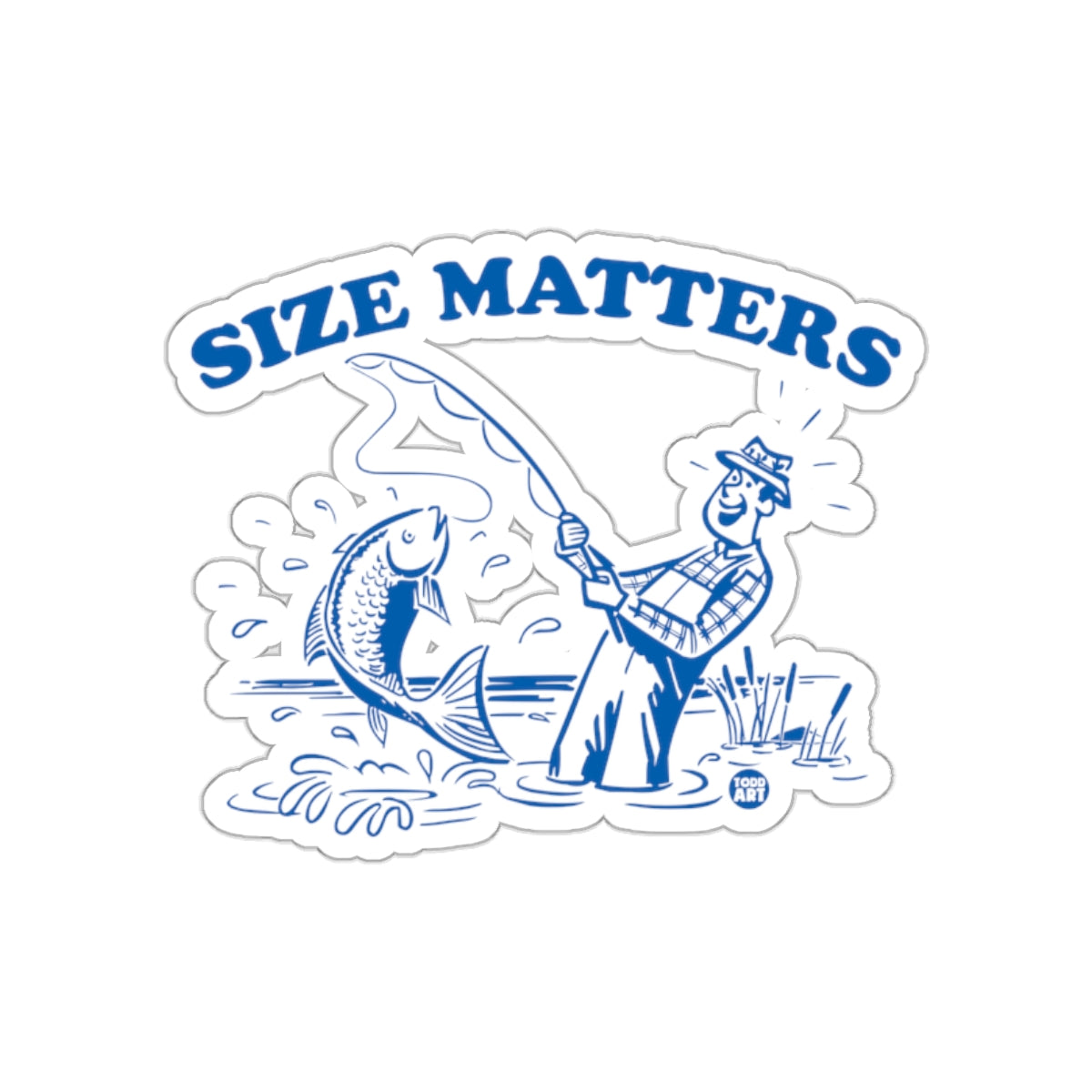 Fishing Fun Size Matters Man and Fish in Blue sticker