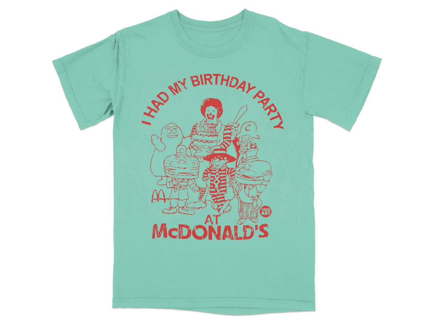 T-shirt with Ronald McDonald and friends celebrating a birthday party at McDonald's.