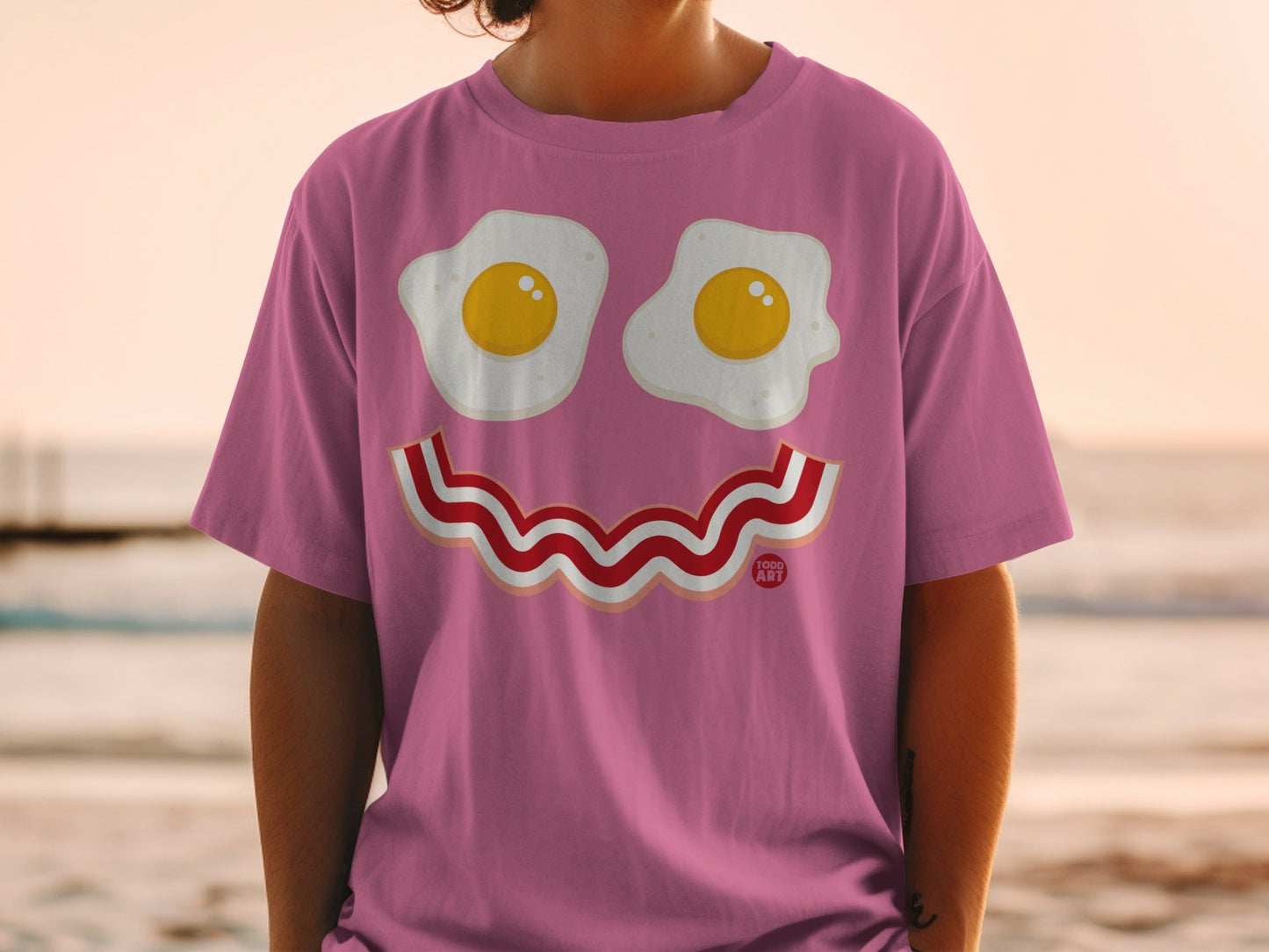 Pink T-Shirt with Fun Egg and Bacon Design Graphic