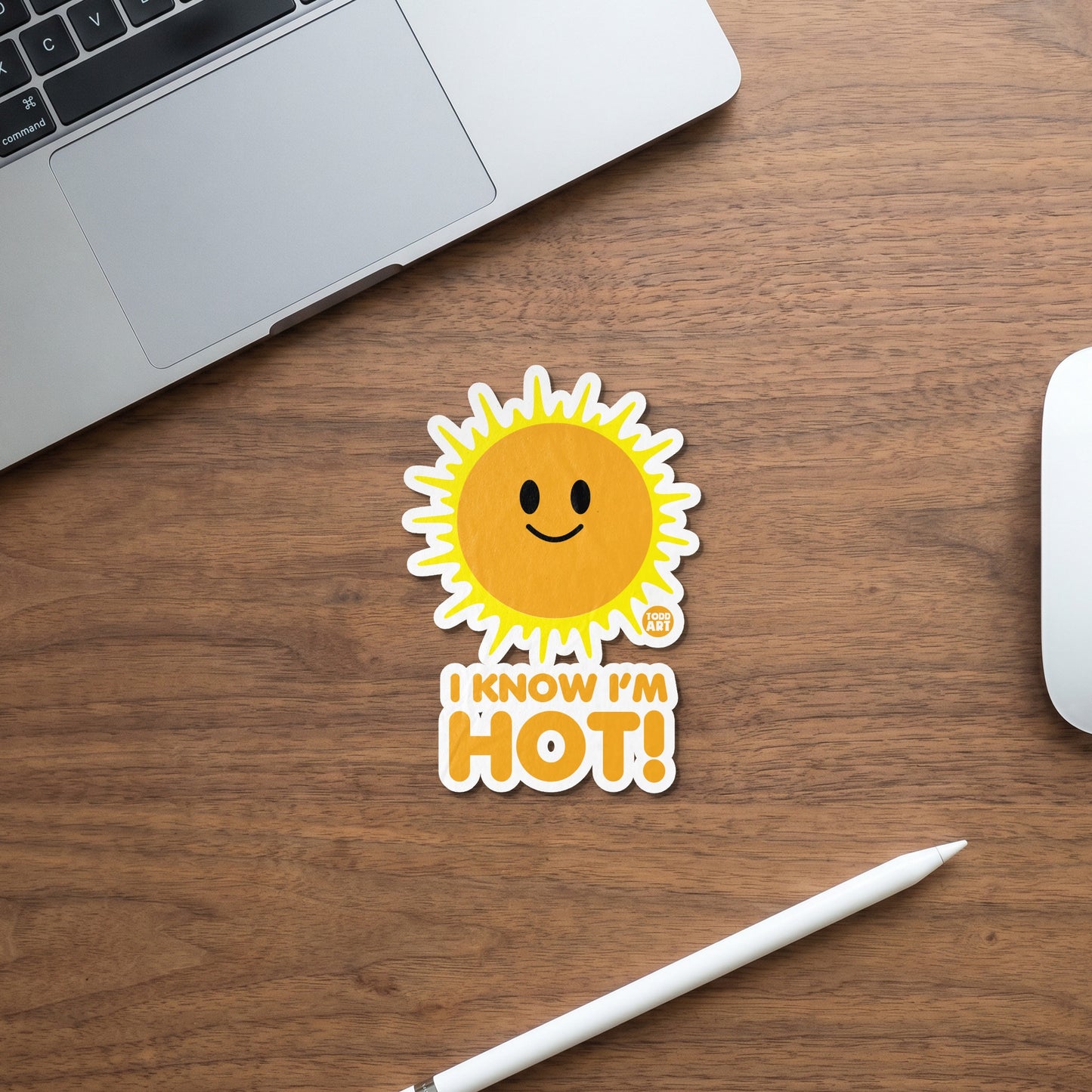 Sticker of a smiling sun with text "I KNOW I'M HOT!"