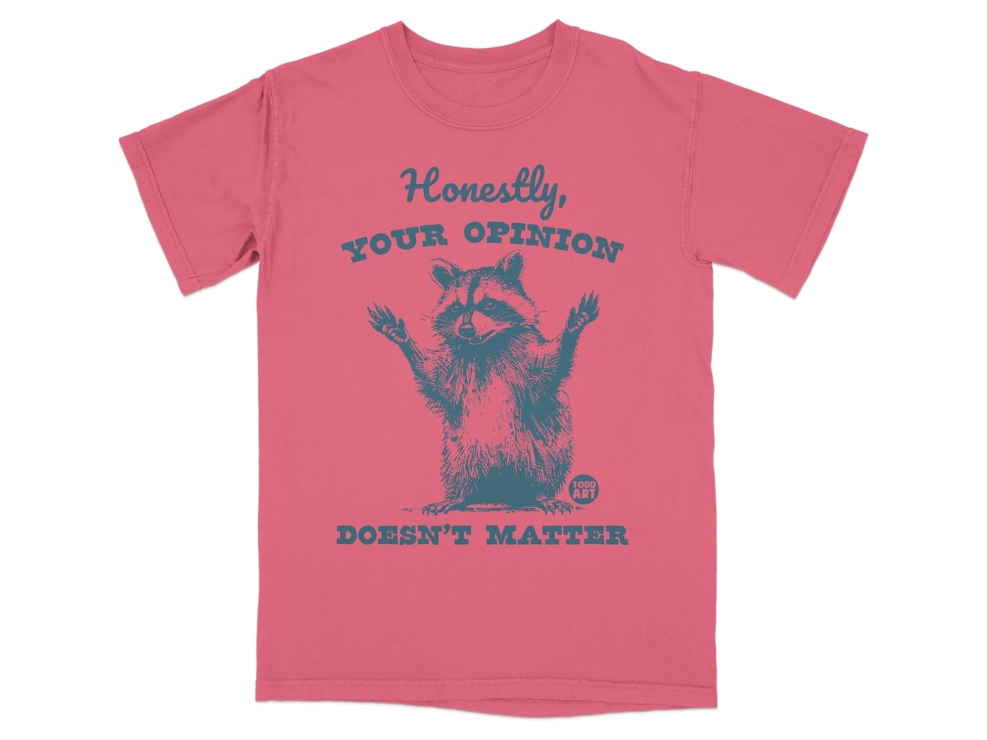 T-shirt with raccoon graphic and text "Honestly, your opinion doesn't matter."