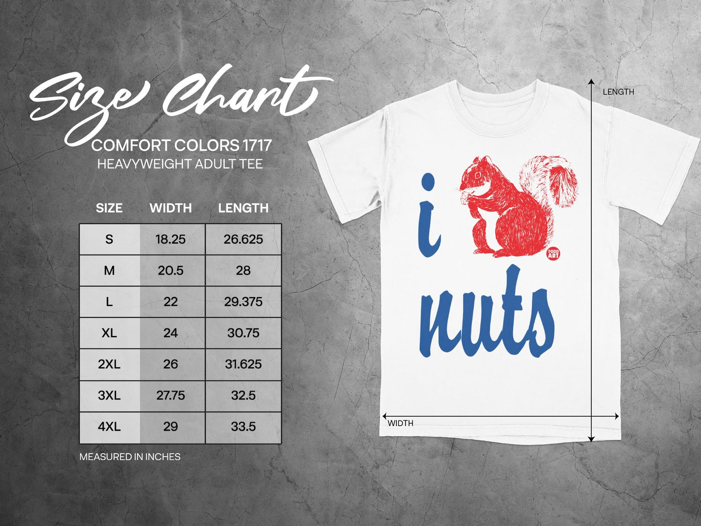 Comfort Colors 1717 heavyweight adult tee size chart with squirrel graphic.