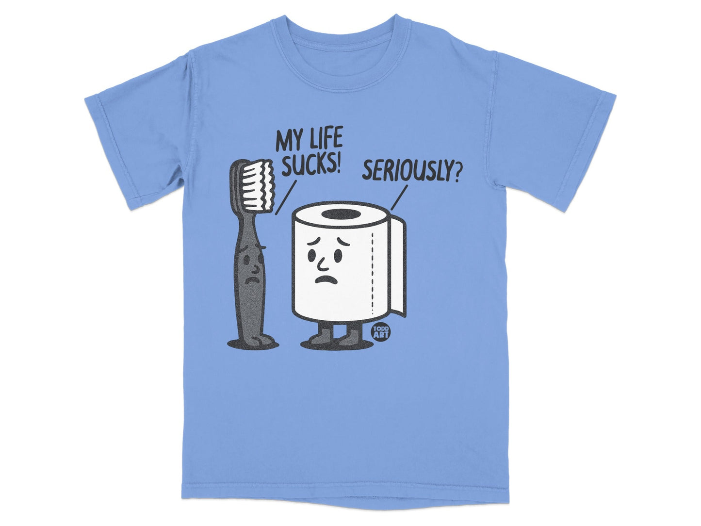 T-shirt graphic with cartoon toothbrush and toilet paper rolls.