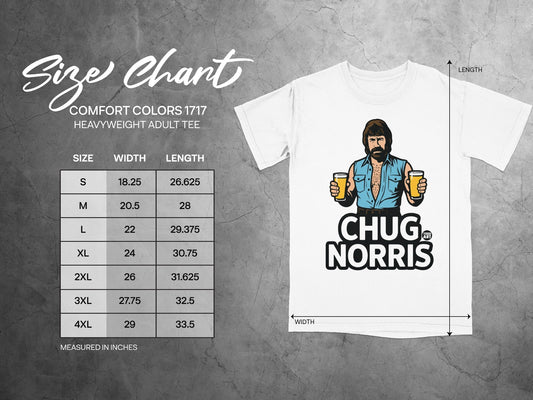 Size chart for a Chuck Norris t-shirt with width and length measurements.