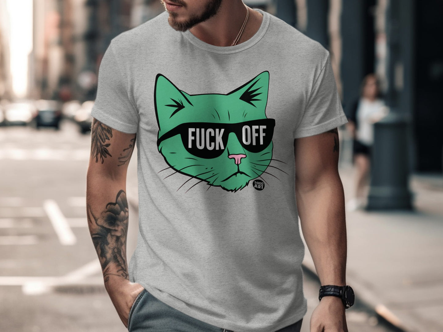 Fuck Off Green Cat with Sunglasses Graphic T-shirt