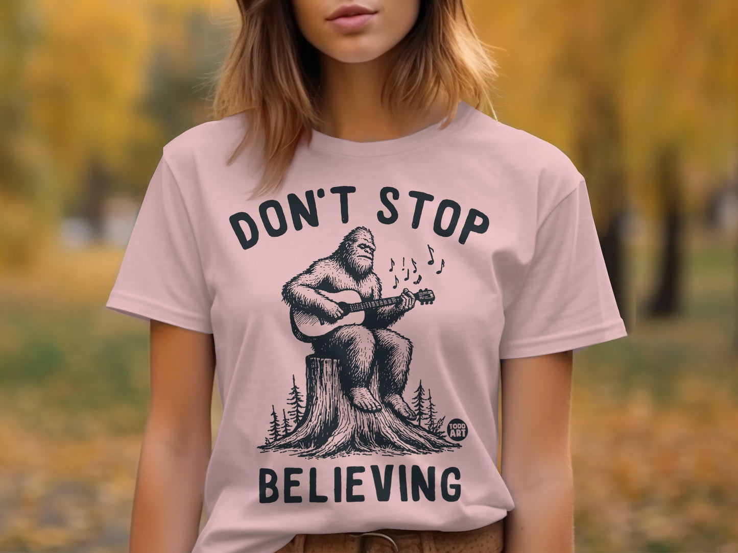 Don't Stop Believing Bigfoot Guitar Shirt Product