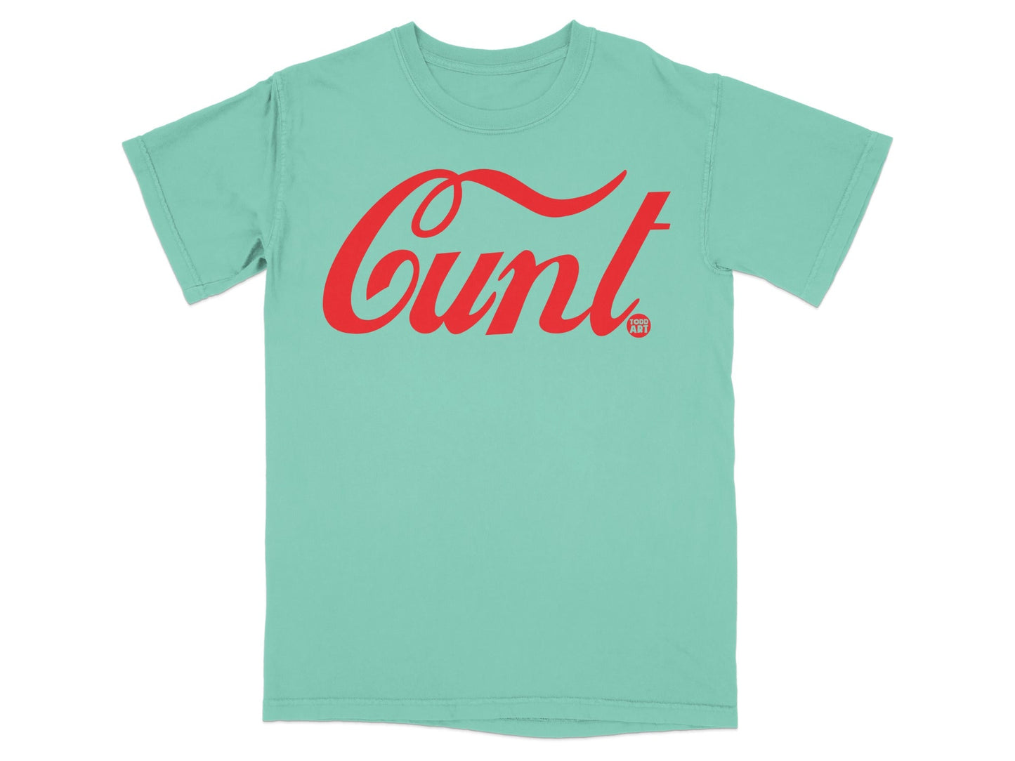 Bold Red Text Graphic on Teal T-Shirt Product
